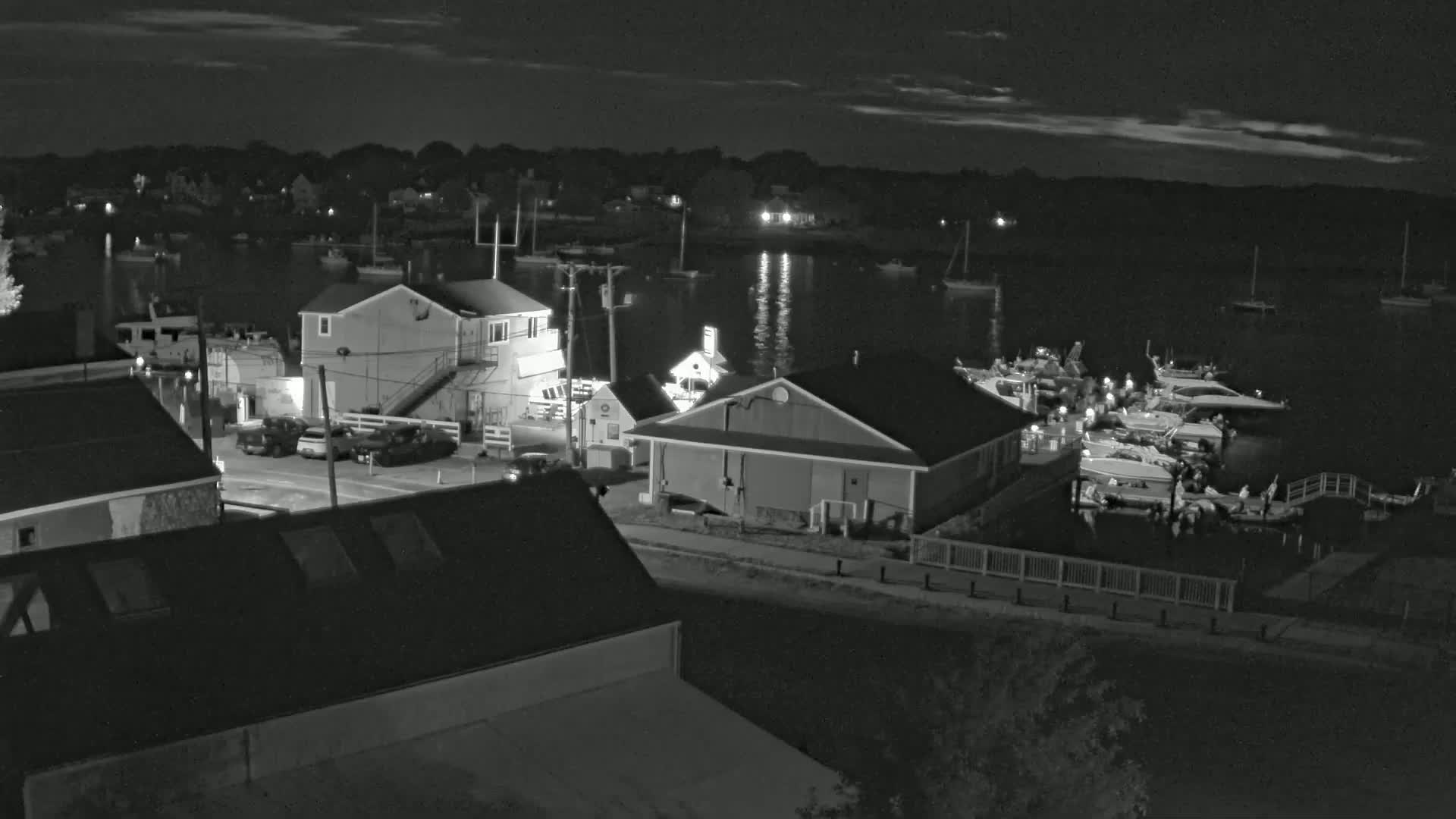 A nighttime, black and white view of a waterfront area with buildings, cars, and several boats docked at a pier under a partly cloudy sky.