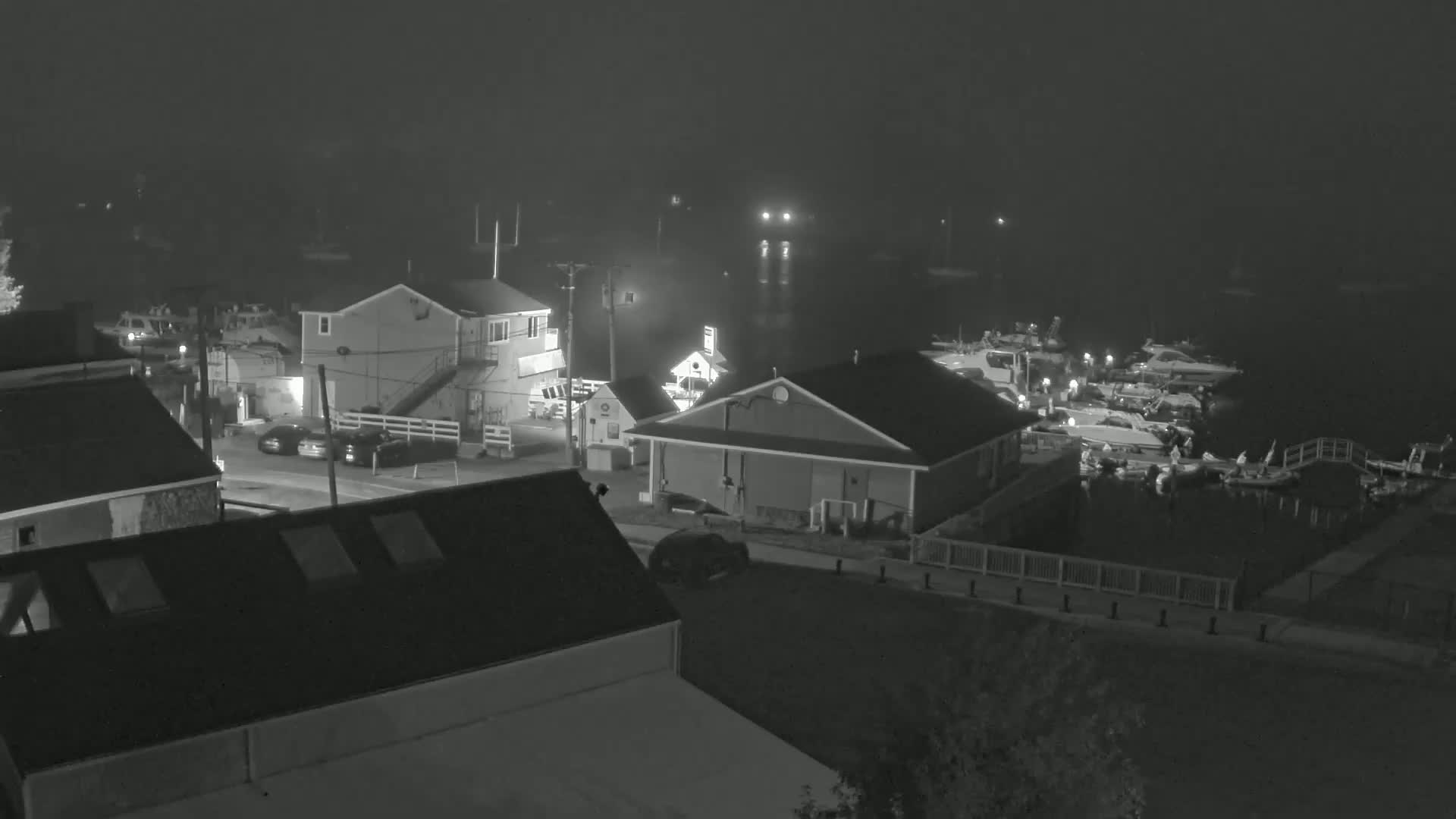 A nighttime, foggy view of a waterfront area shows several buildings, parked cars, and numerous boats docked at a marina.
