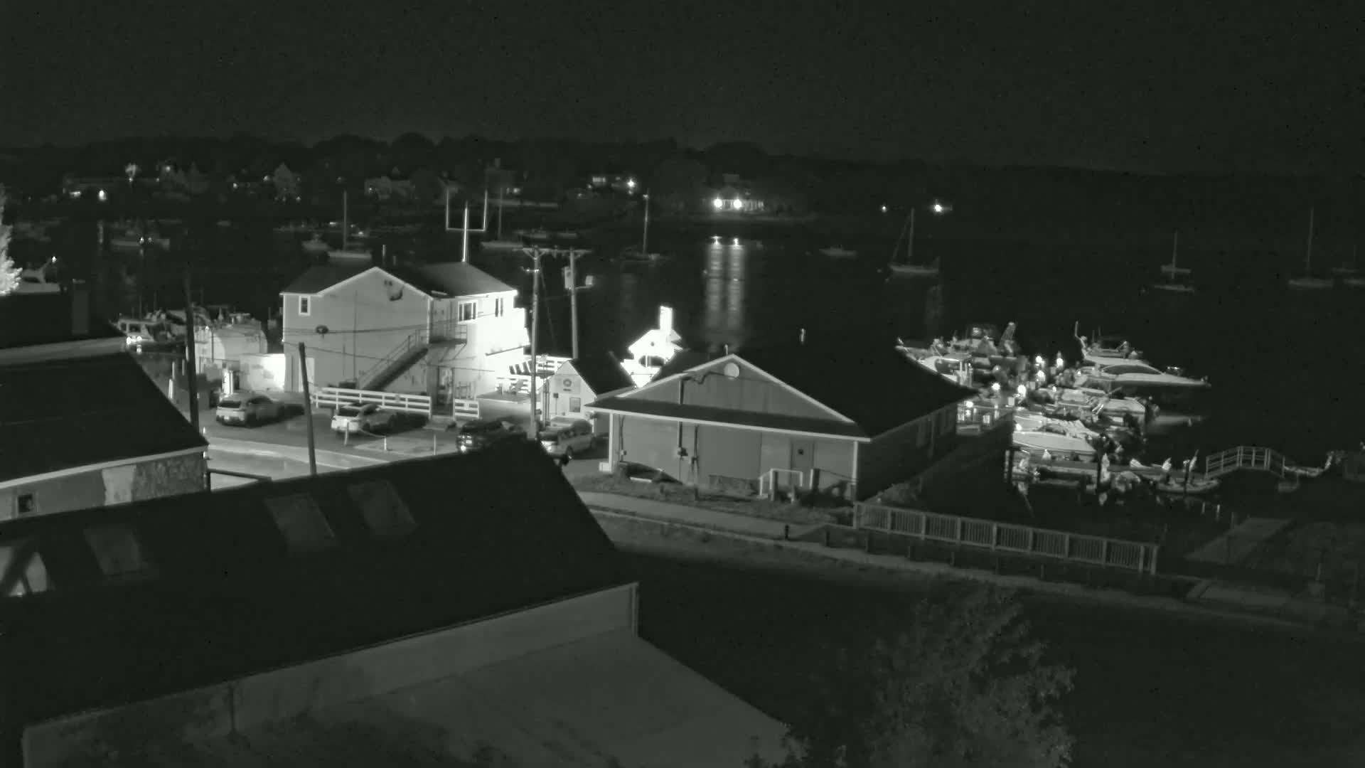 A nighttime, high-angle view shows several buildings near a calm body of water where numerous boats are docked.
