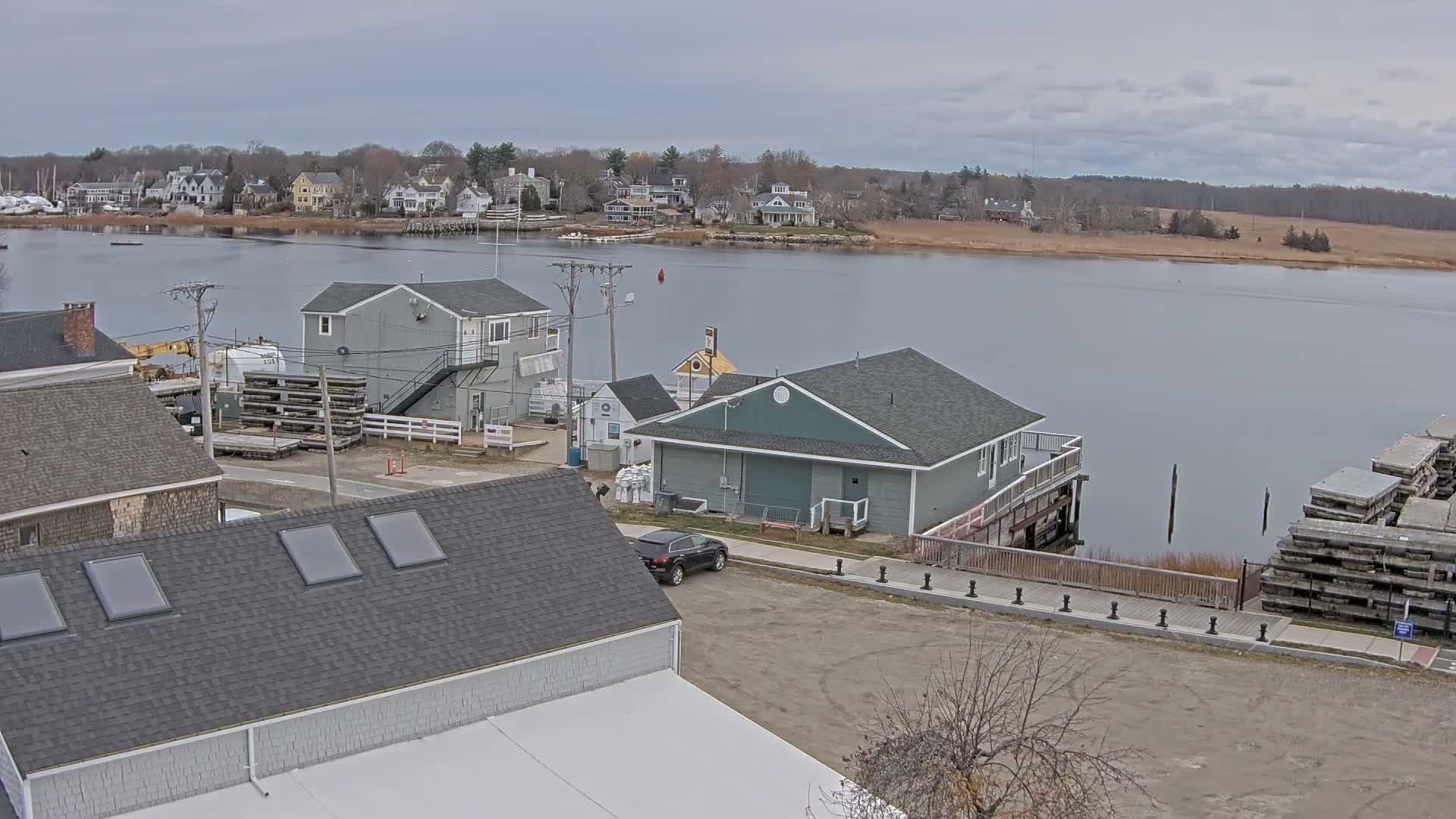 A grayscale image captures a clear night view of a waterfront village, featuring several illuminated buildings lining the shore with distant lights reflecting on the calm water.