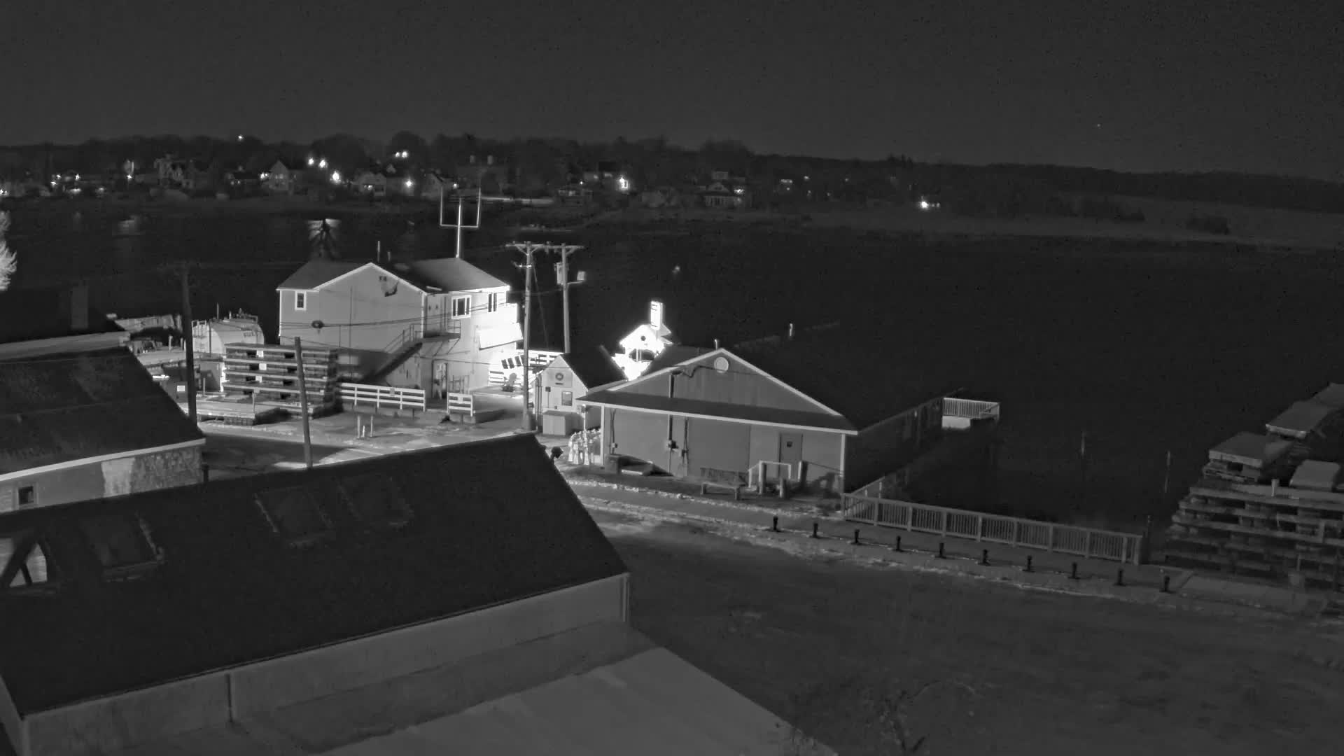 A clear, dark night view captures a waterfront area with several illuminated buildings, utility poles, and docks beside a calm body of water, leading to distant town lights under a clear sky.