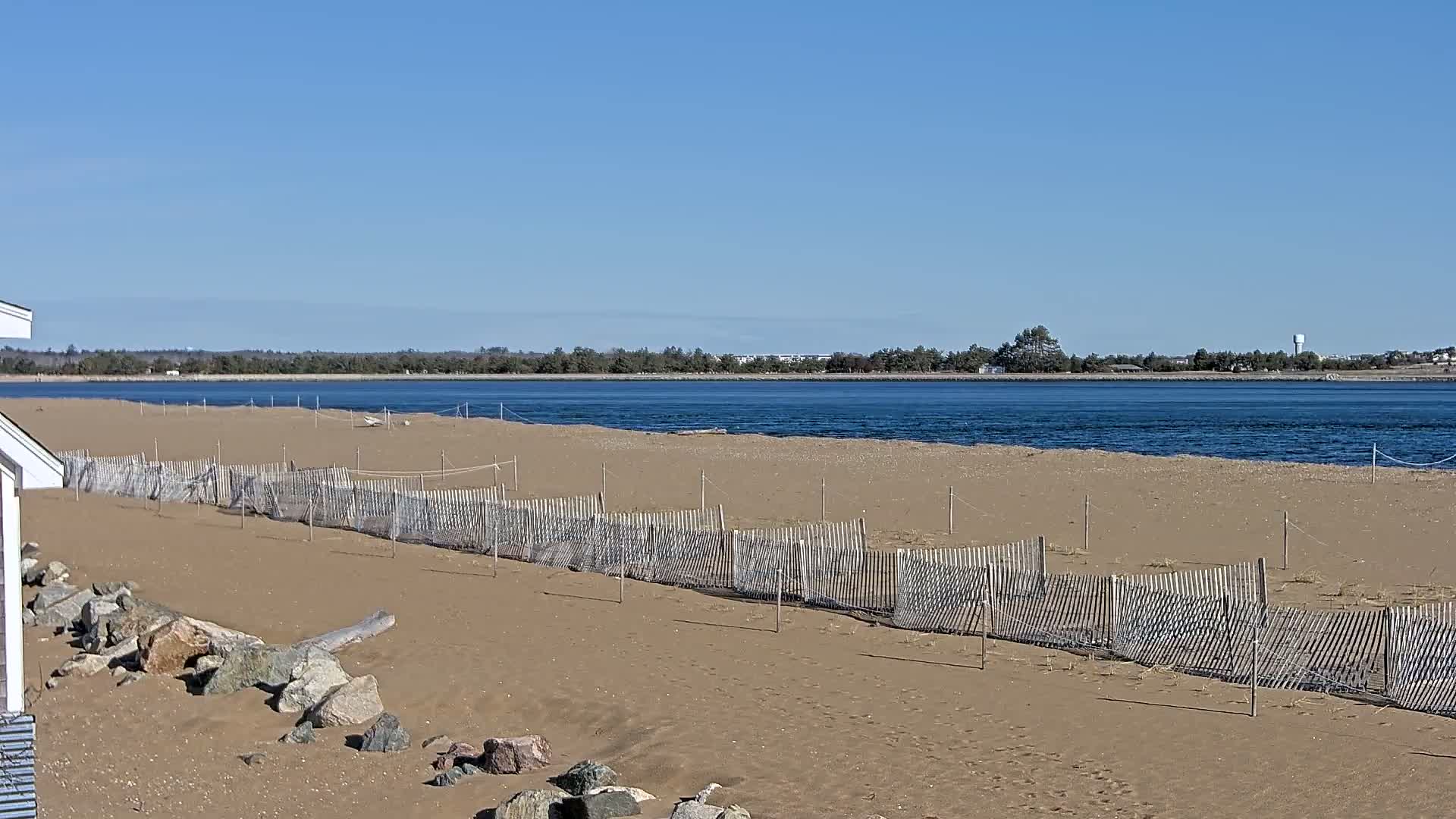 A sandy beach with a low wooden fence stretches toward a calm body of water under a clear blue sky.