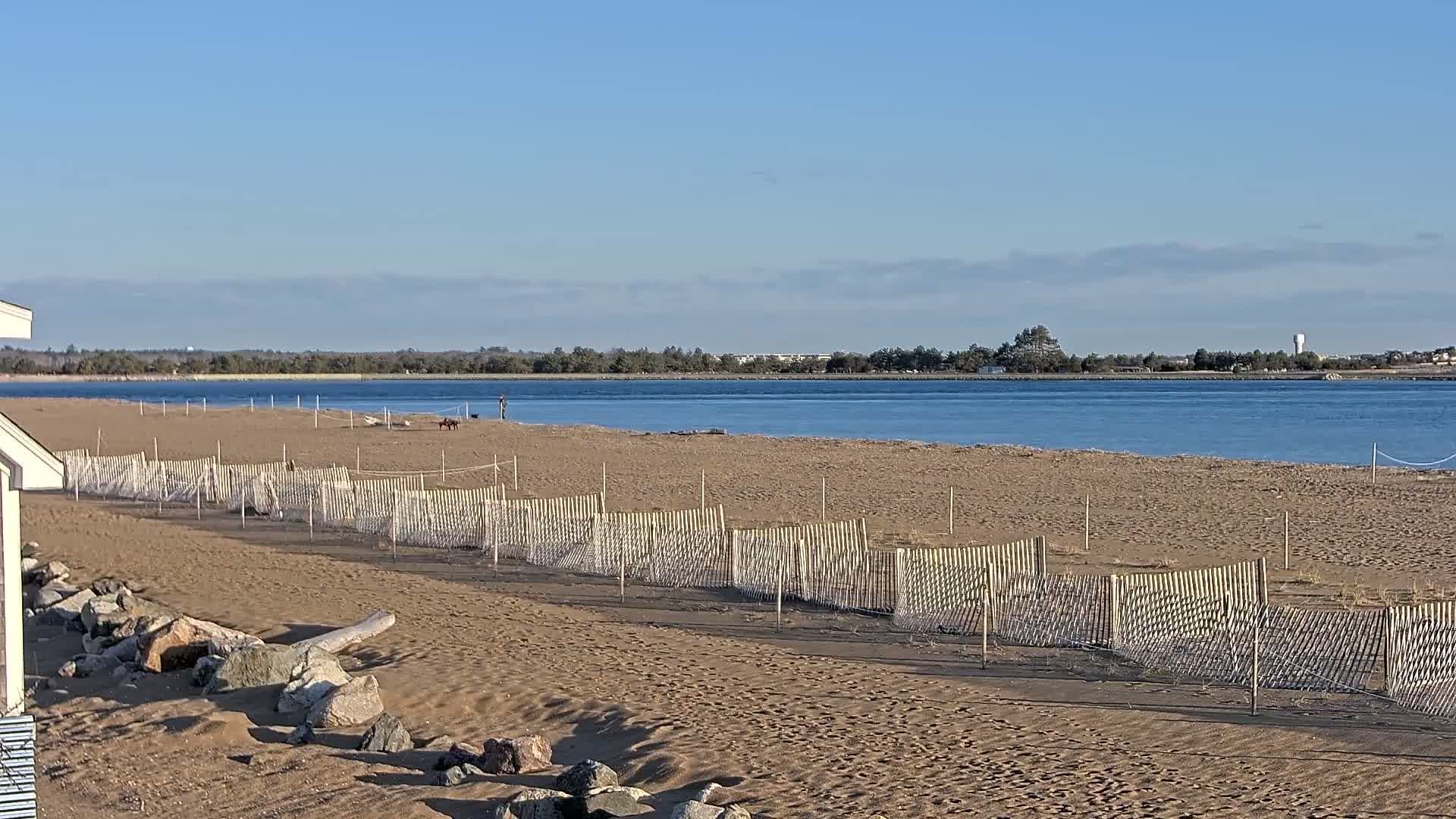 A sandy beach with low wooden fences stretches along a calm body of water under a clear blue sky.