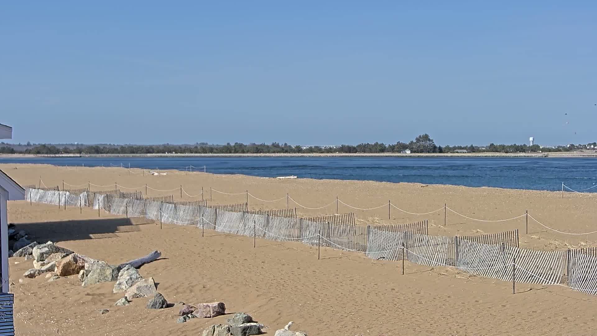 A sandy beach with a low wooden fence stretches along a calm body of water under a clear blue sky.