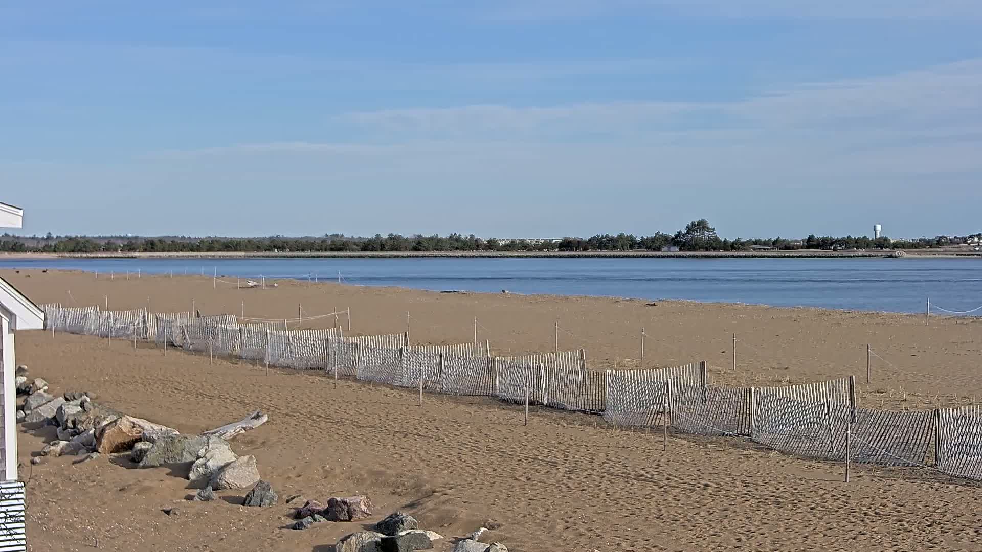 A sandy beach with a low wooden fence and netting stretches along a calm body of water under a clear blue sky.