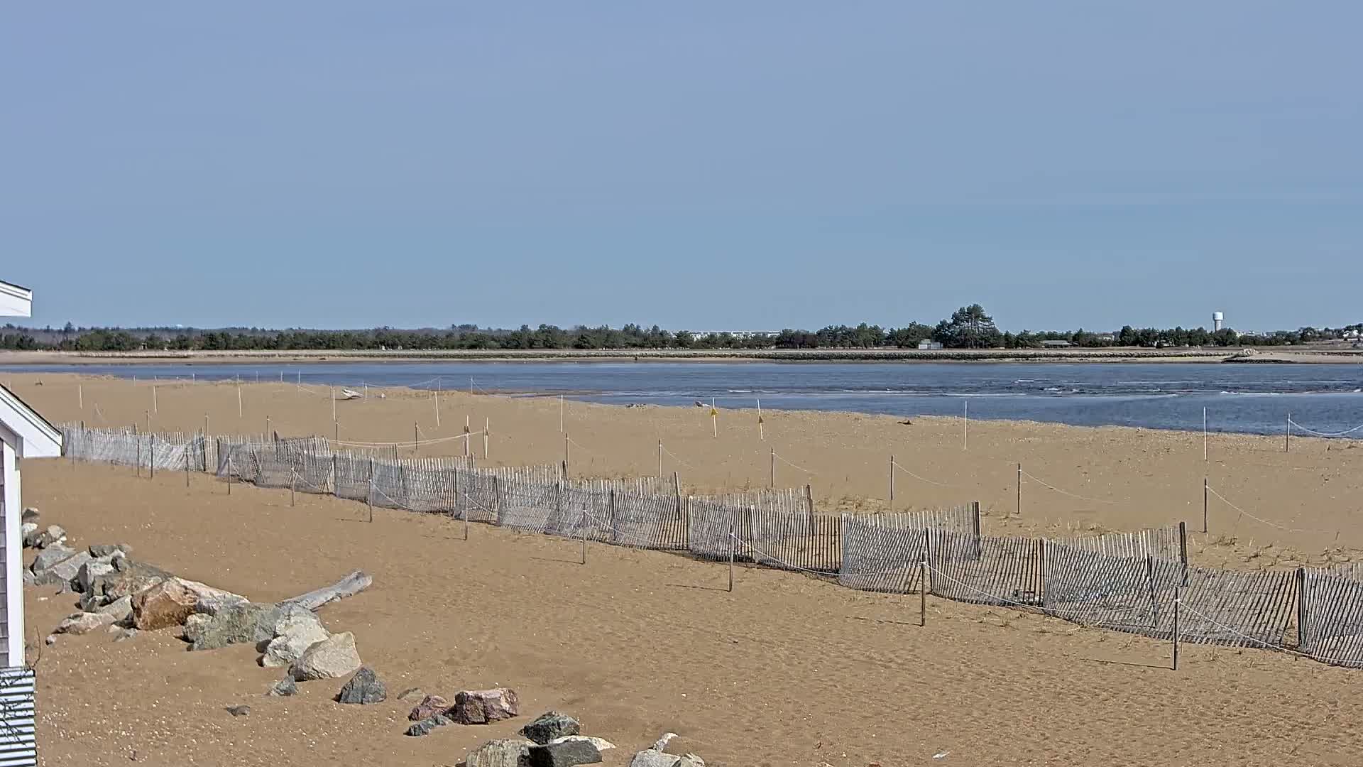 A sandy beach with a low wooden fence stretches towards a calm body of water under a clear blue sky.