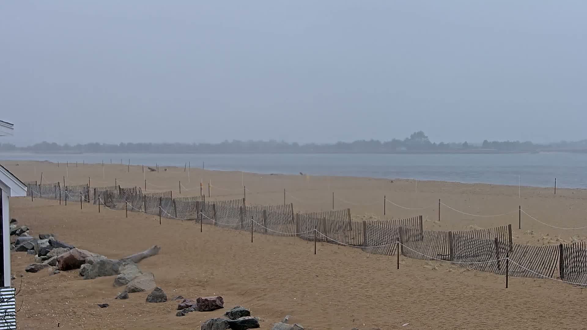 A sandy beach with a low wooden fence stretches along a calm, foggy body of water under an overcast sky.
