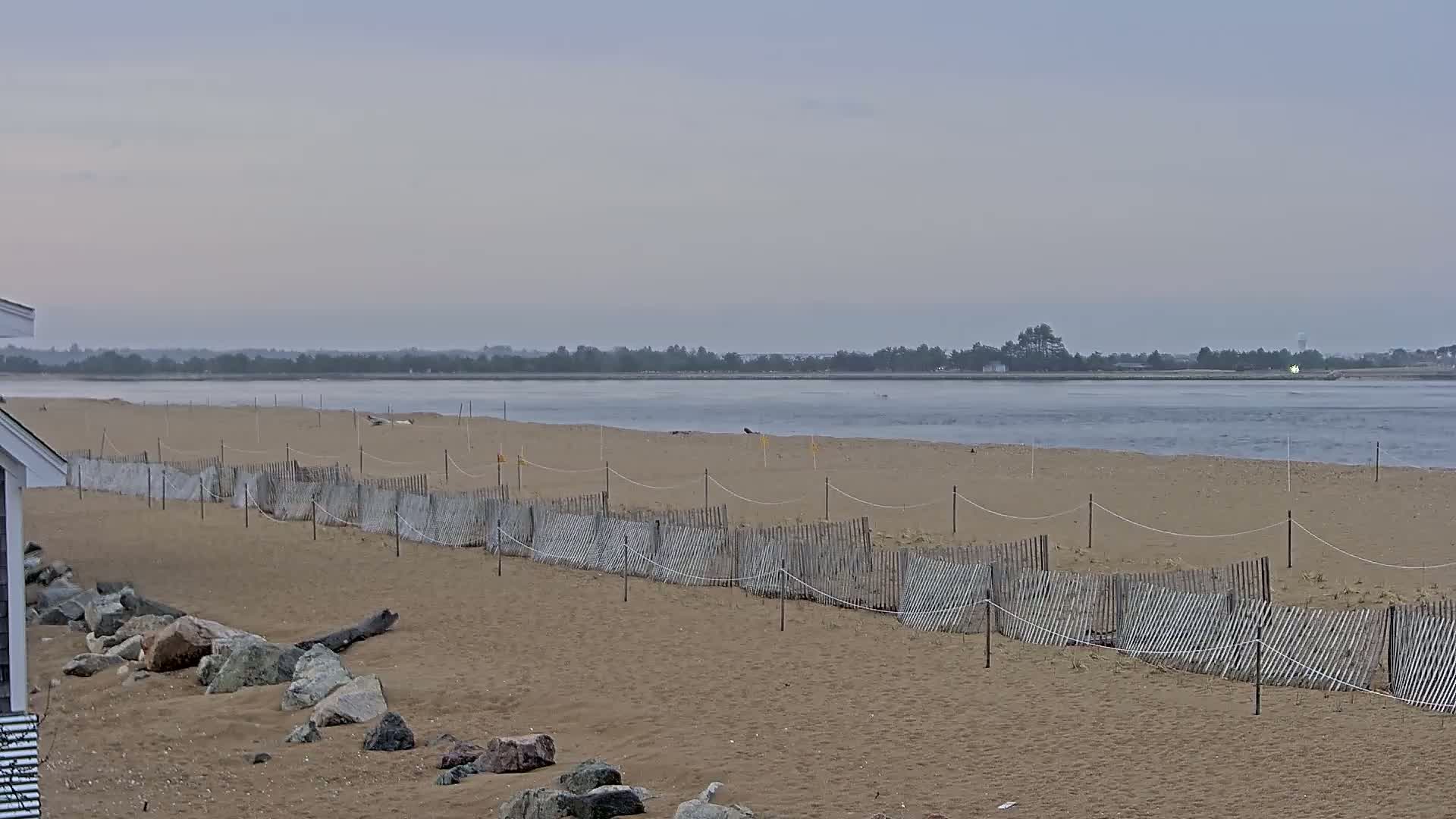 A sandy beach with a low wooden fence stretches toward a calm body of water under an overcast sky.