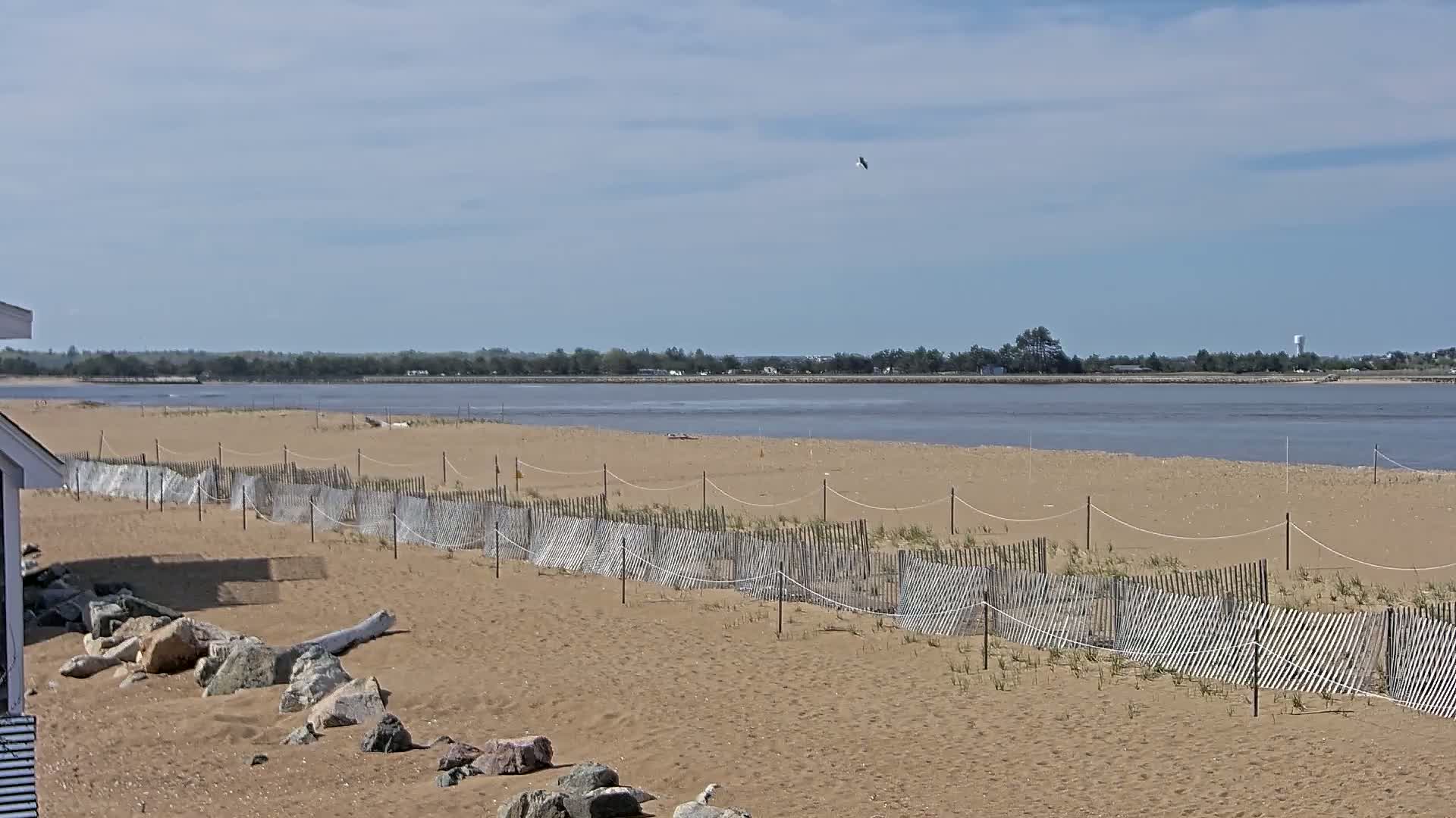 A sandy beach with a low wooden fence stretches along a calm body of water under a mostly sunny sky.