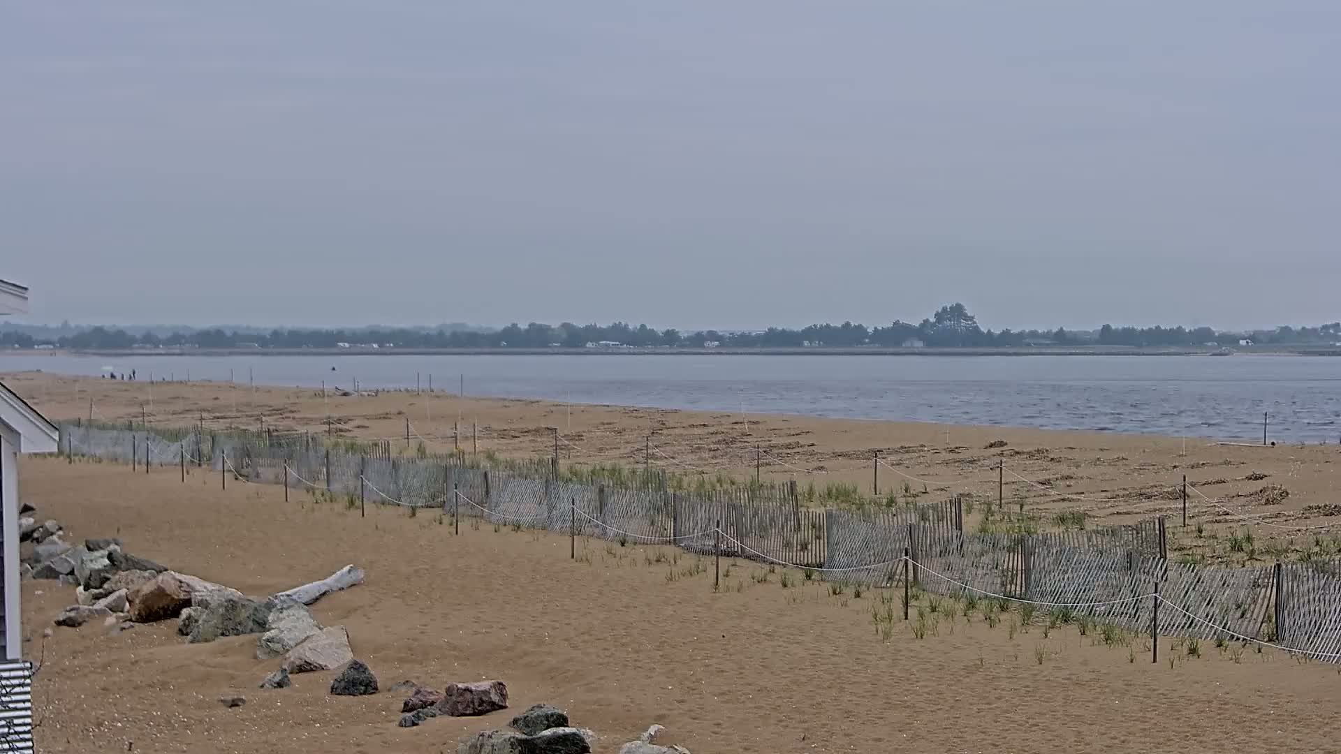 A sandy beach with a low wooden fence stretches toward a calm body of water under an overcast sky, behind which a distant tree line is visible.