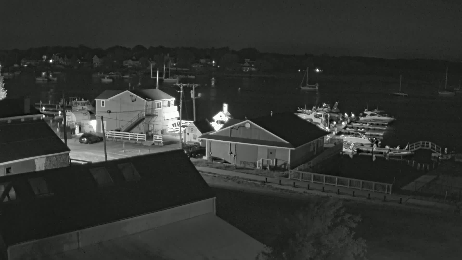 A nighttime, black-and-white aerial view shows a waterfront area with buildings, docked boats, and a calm body of water.