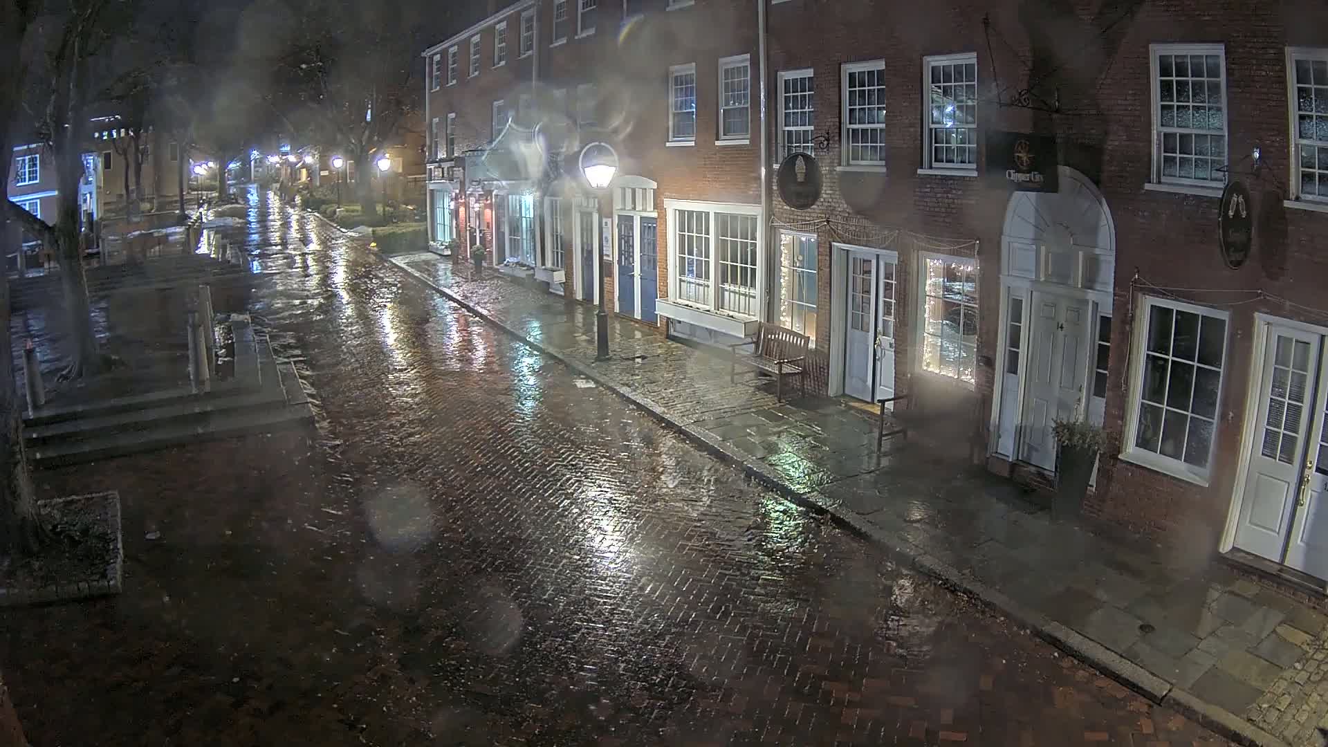 A rain-slicked brick street at night, lined with illuminated buildings.
