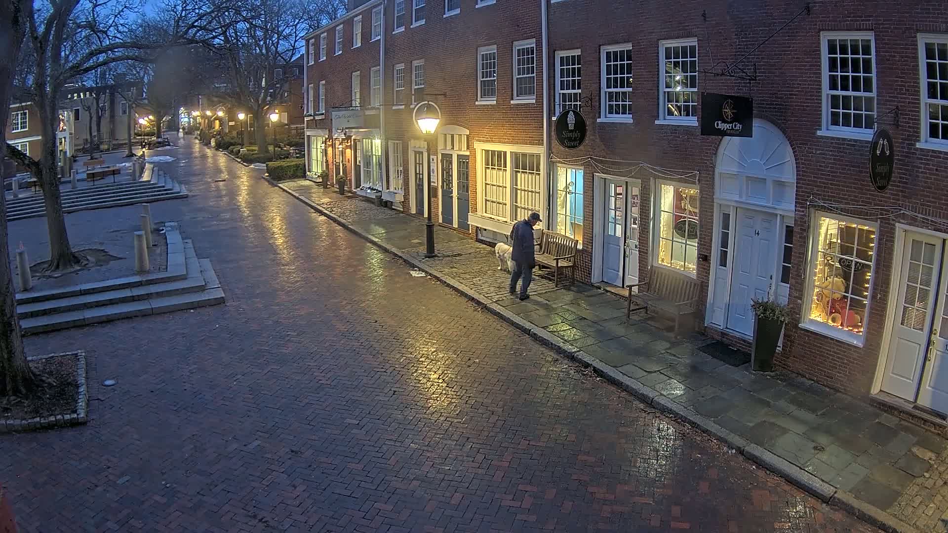 A person walks a dog down a wet brick street at night past brick buildings with illuminated shop windows.