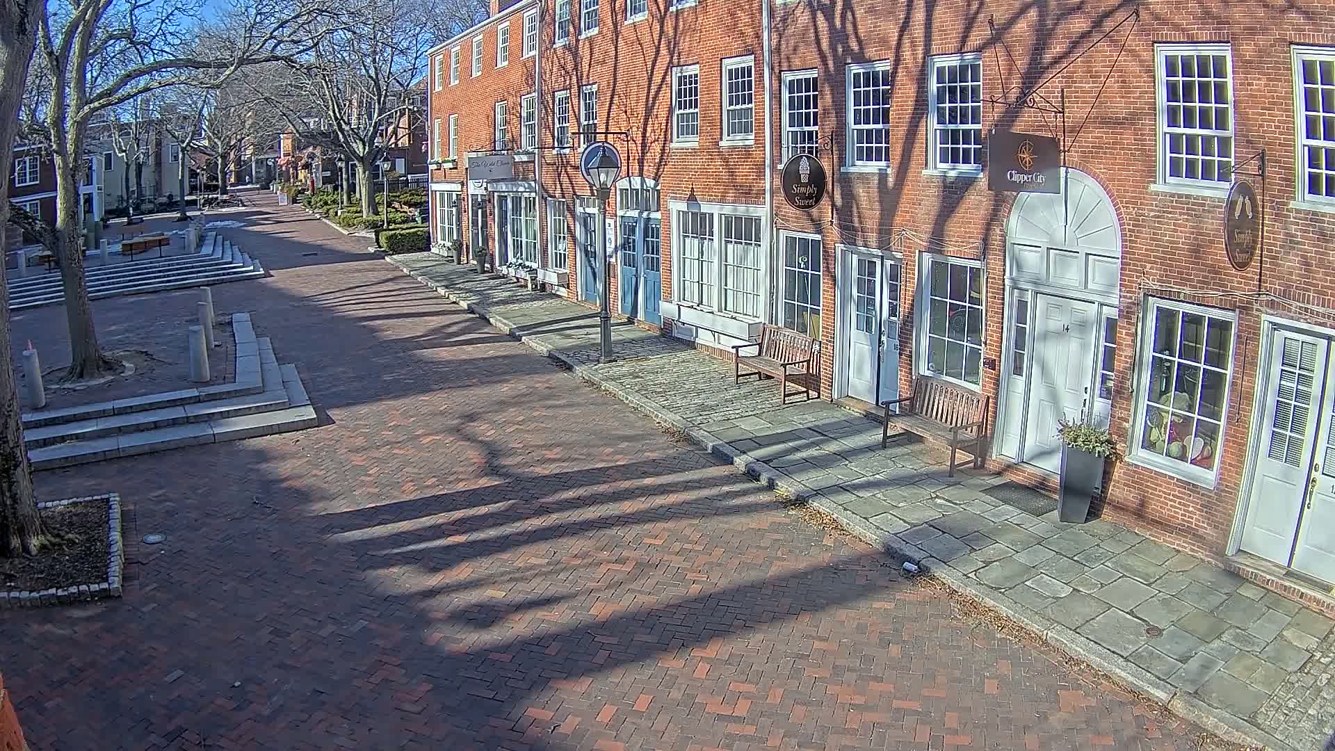 A brick-paved street lined with brick buildings on a sunny day, with the shadows of leafless trees cast upon the pavement.