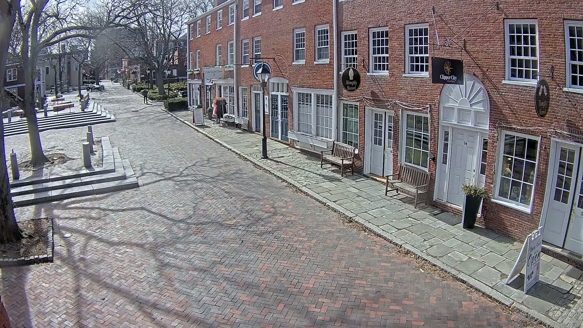 A brick-paved street lined with brick buildings on a sunny day, showing shadows from trees on the street and sidewalks.