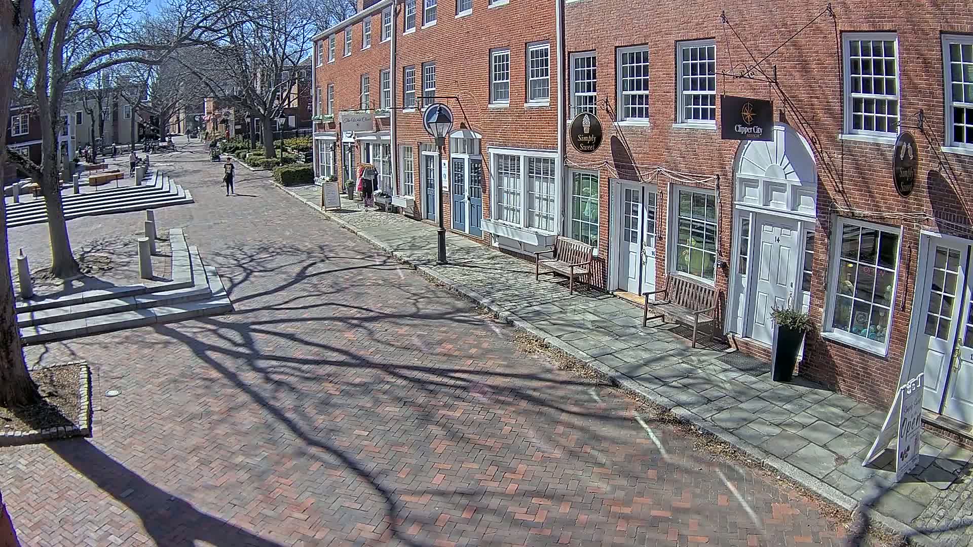 A brick street lined with brick buildings on a sunny day, with the shadows of bare trees cast on the street and sidewalks.