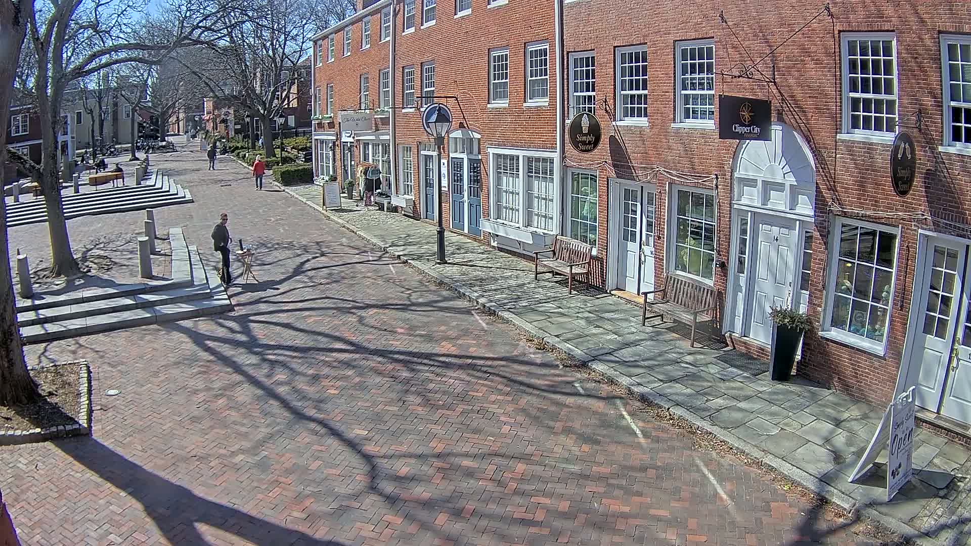A brick-paved street lined with brick buildings on a sunny day, with the shadows of leafless trees cast across the street and sidewalk.