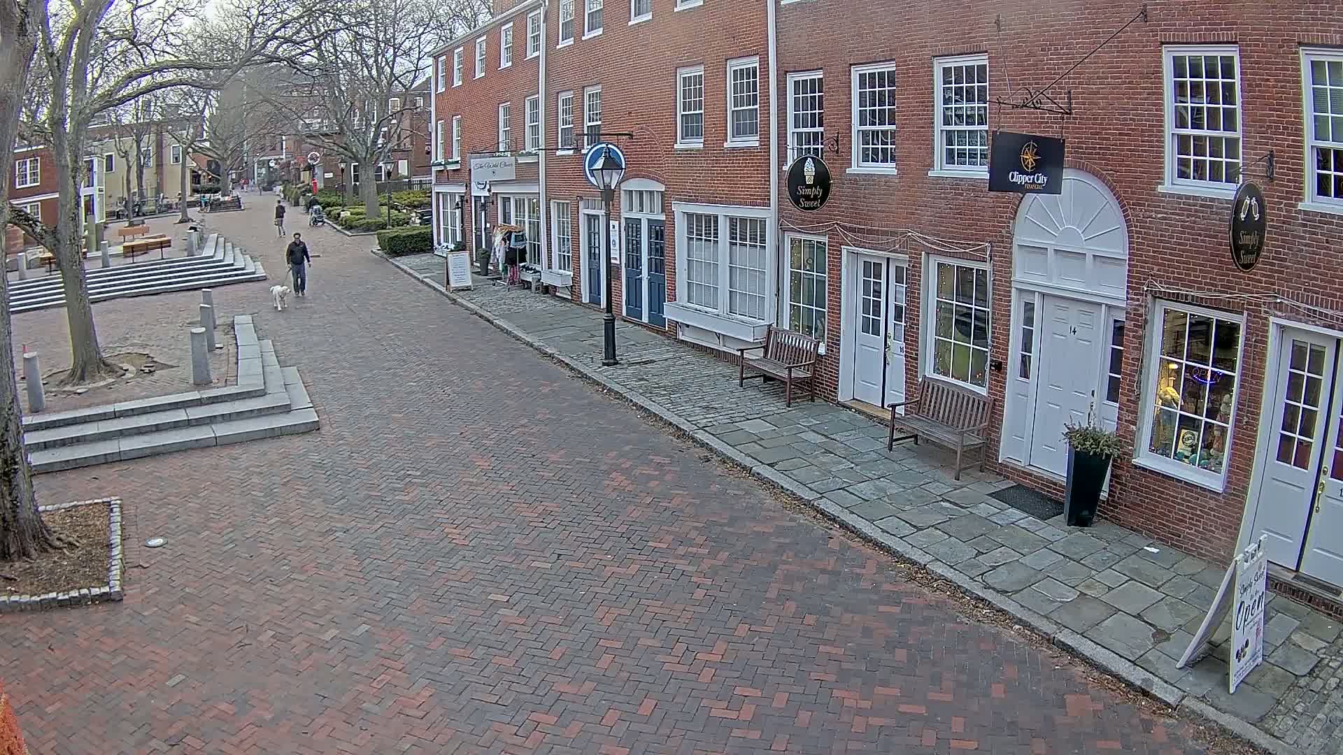 A person walks a dog down a brick-paved street lined with brick buildings on a cloudy day.
