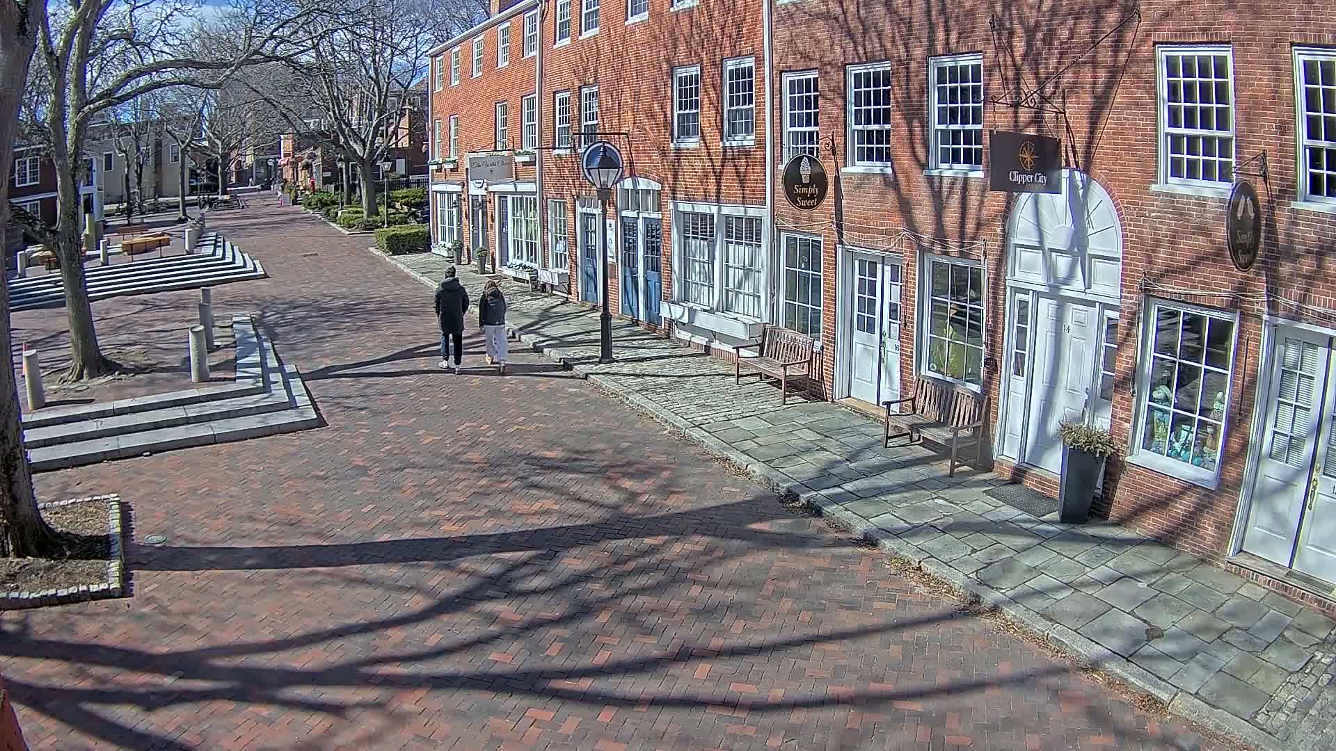 Two people walk down a brick-paved street lined with brick buildings on a sunny day, the shadows of bare trees stretching long across the pavement.