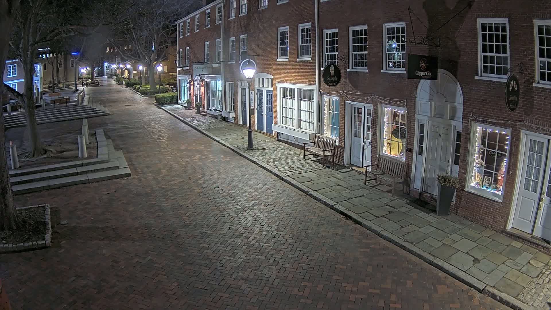 A brick street at night, lined with illuminated storefronts in a row of brick buildings, is sparsely populated with trees and benches.