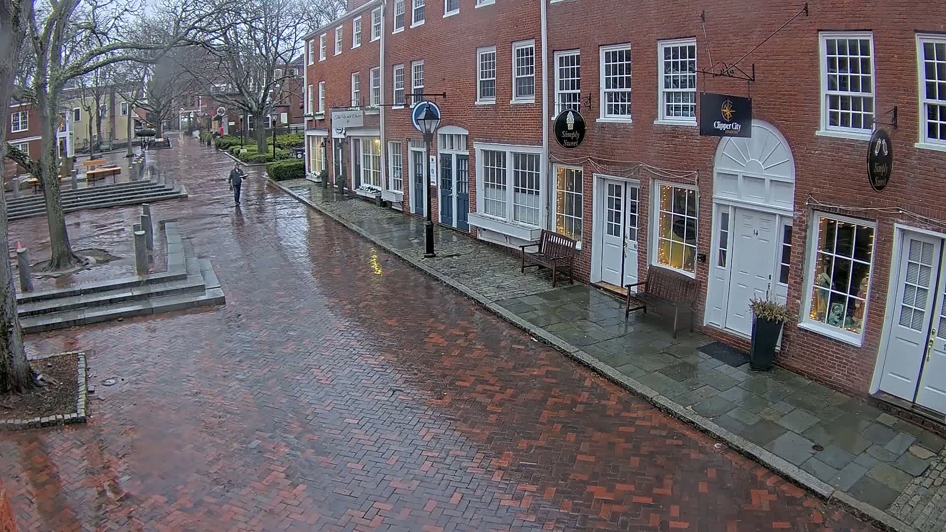 A person walks down a rain-slicked brick street past several brick buildings with storefronts, under a gray sky.