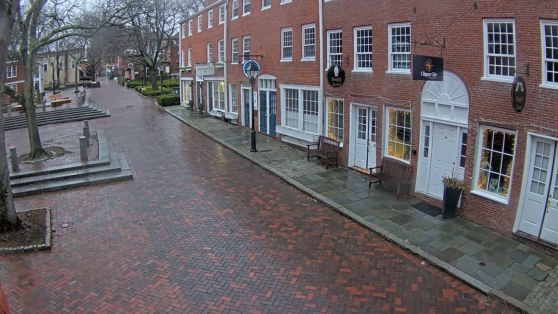A wet brick street lined with brick buildings and trees on a cloudy day.