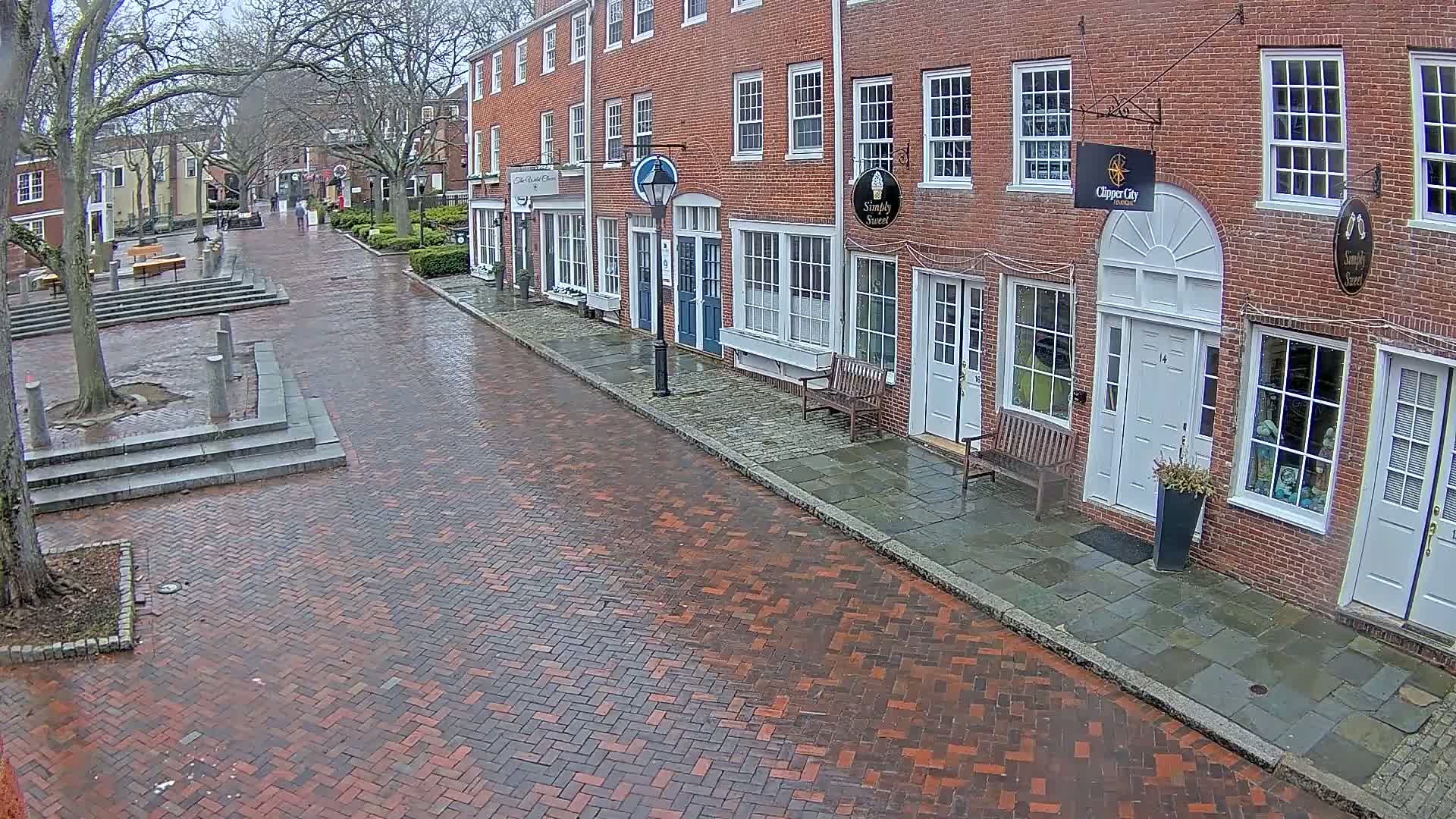 A wet brick street leads to a row of brick buildings with various storefronts under an overcast sky.