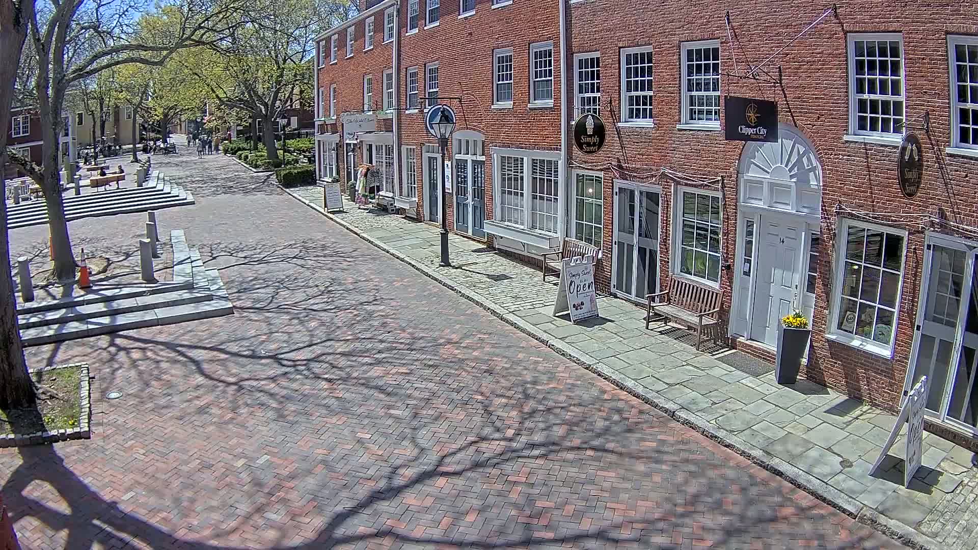 A brick street lined with brick buildings on a sunny day, with the shadows of trees falling across the street and sidewalks.