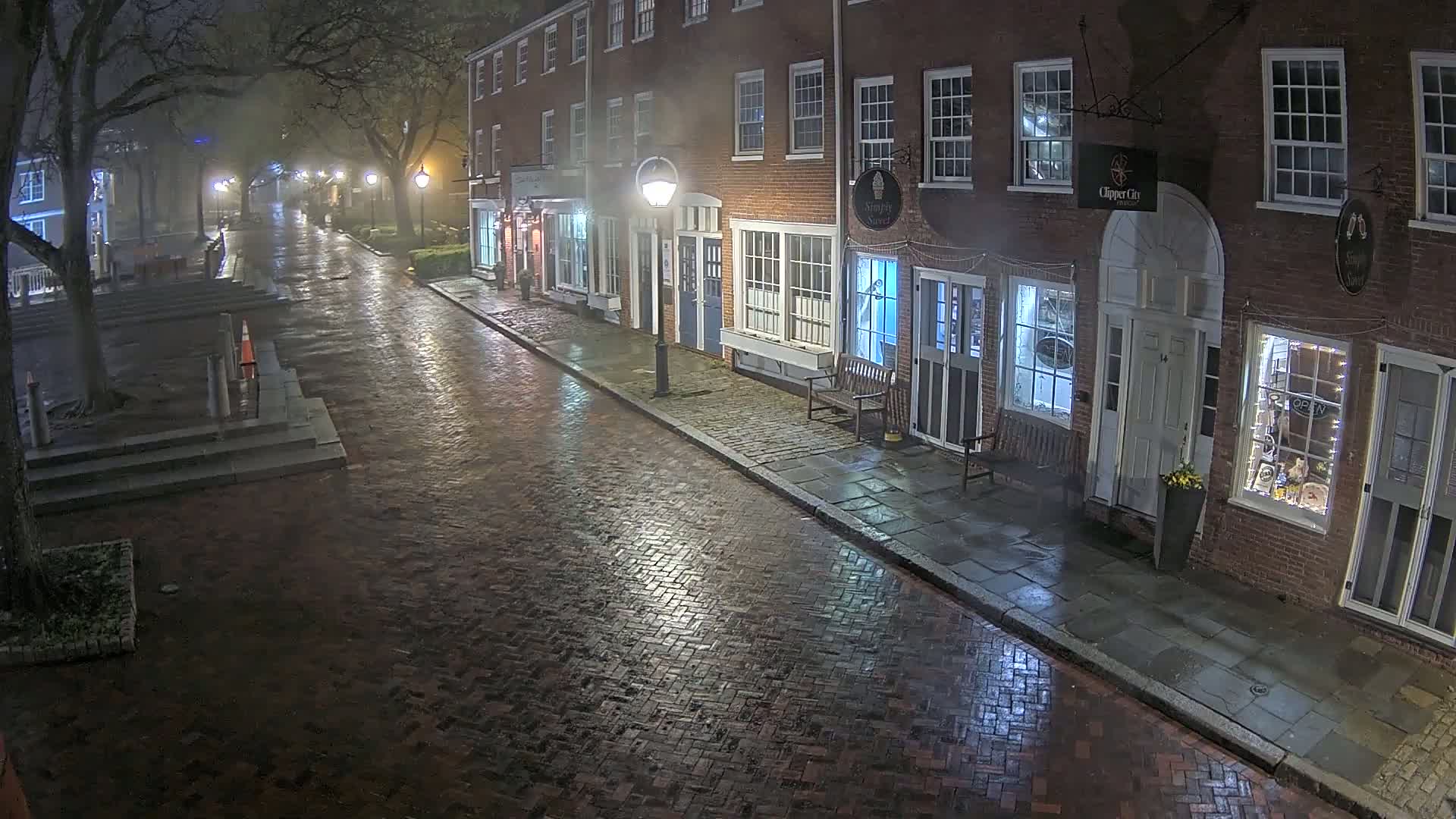 A rain-slicked brick street at night, lined with illuminated storefronts in a row of brick buildings under bare trees.