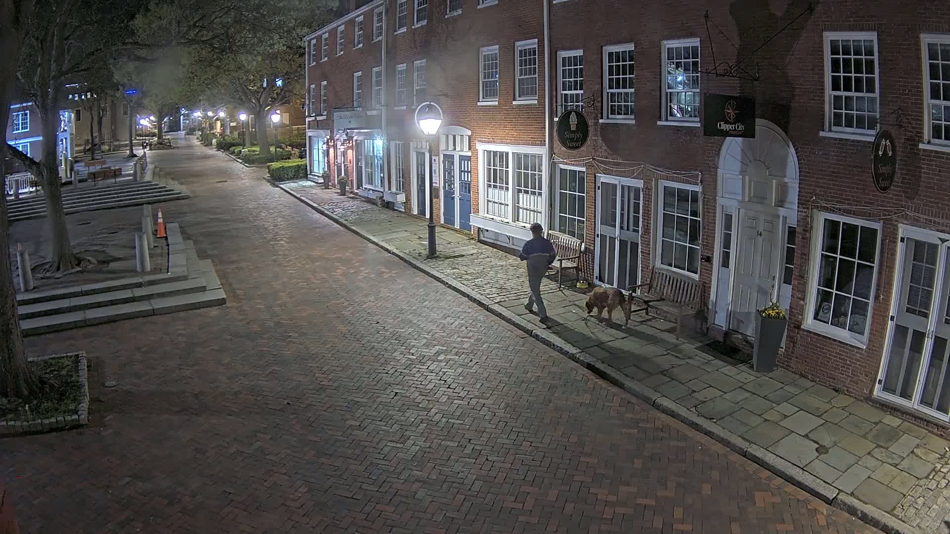 A person walks a dog down a brick-paved street at night, past brick buildings with lit windows.