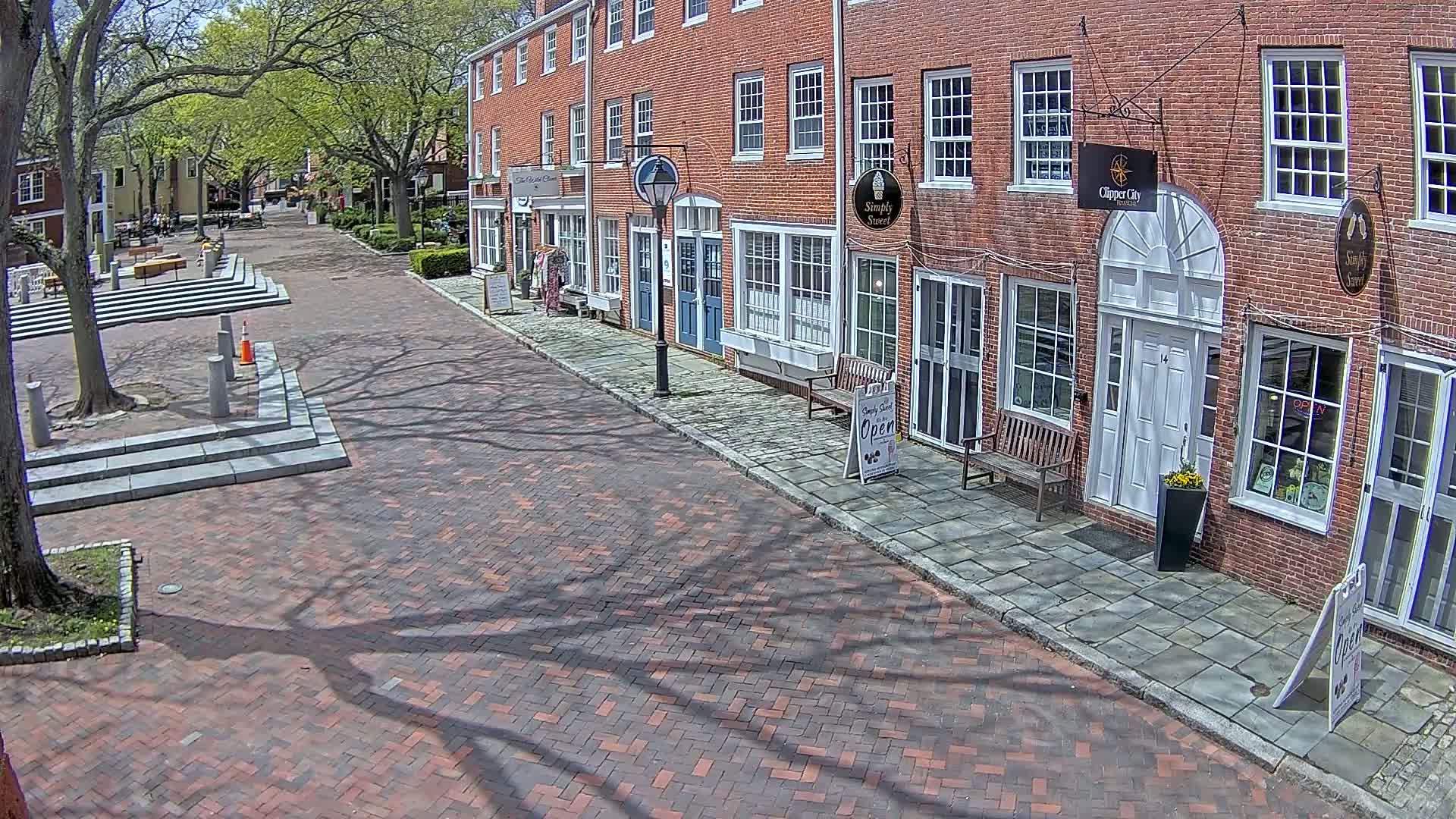A brick street lined with brick buildings and leafy trees on a sunny day casts shadows on the pavement.