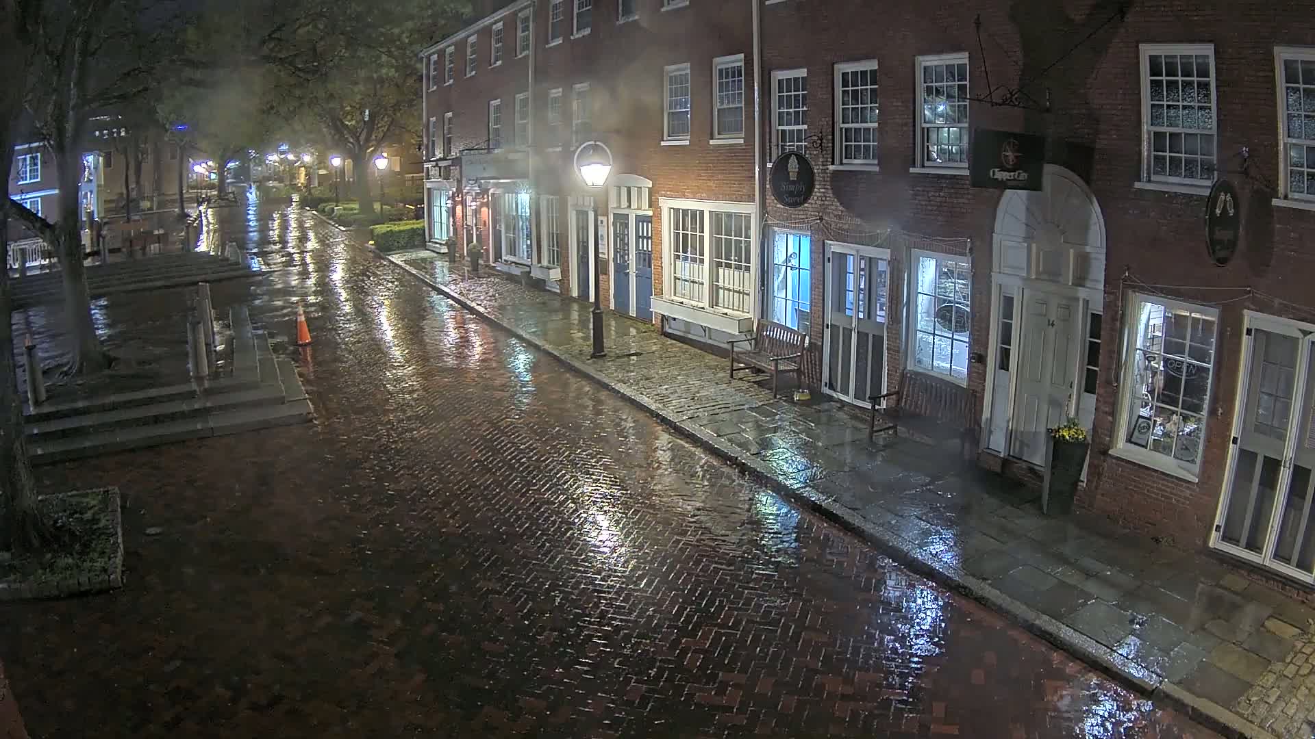 A rain-slicked brick street at night, lined with illuminated storefronts in a row of brick buildings under trees.
