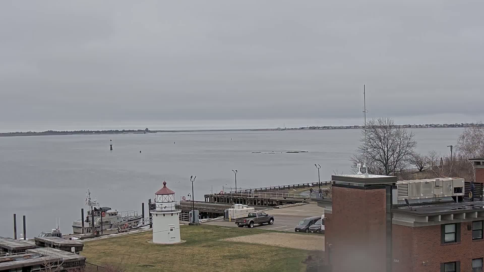 A small lighthouse stands on a grassy area near a dock with several boats and a calm body of water under an overcast sky.