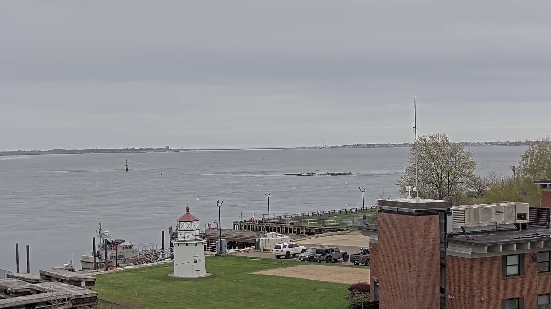 A small lighthouse stands on a grassy area next to a harbor with a boat, a pier, several parked vehicles, and a brick building under an overcast sky.