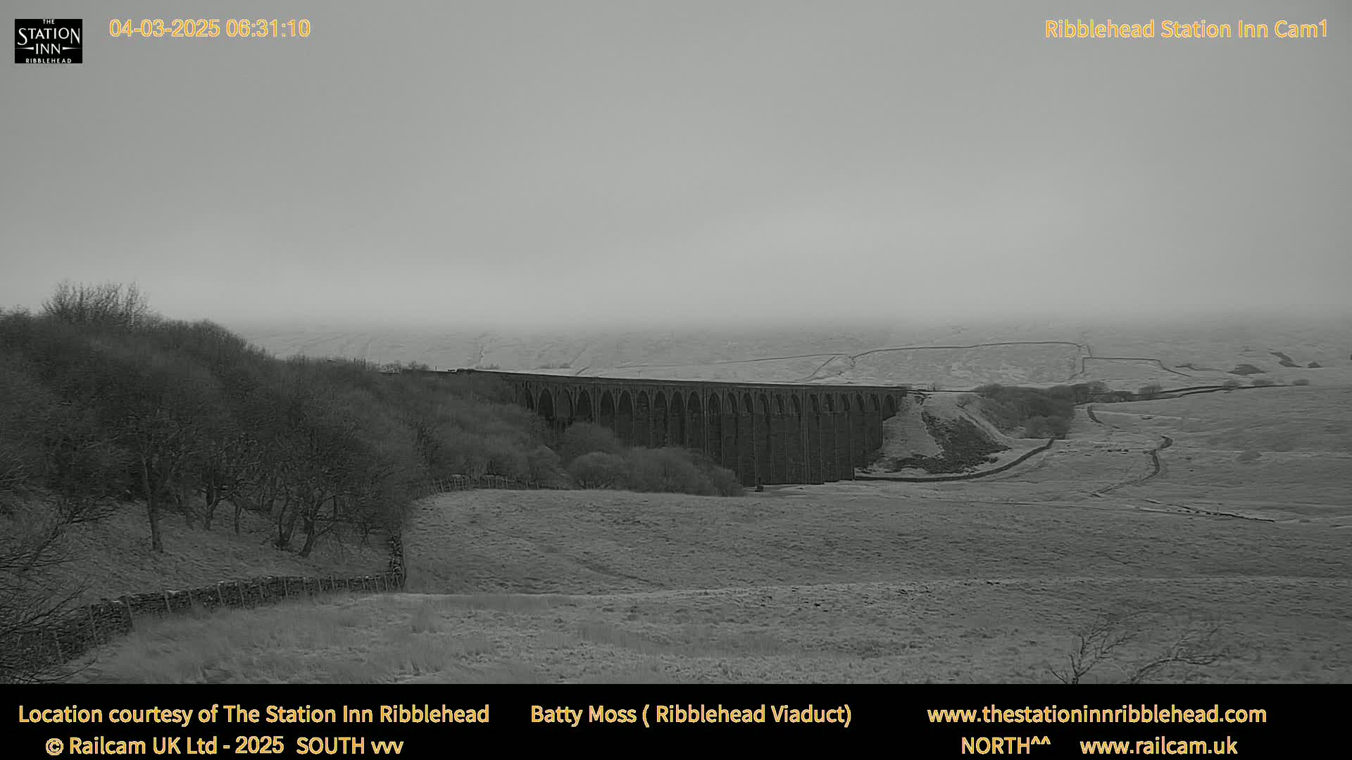 A long stone viaduct is visible in the distance through a misty, overcast landscape.