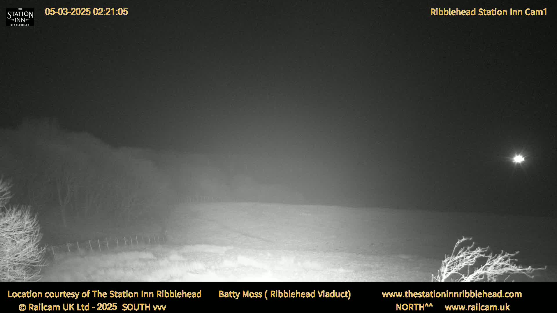 A nighttime, low-light outdoor scene shows a flat, snow-covered field under a dark sky with a single bright light source visible.