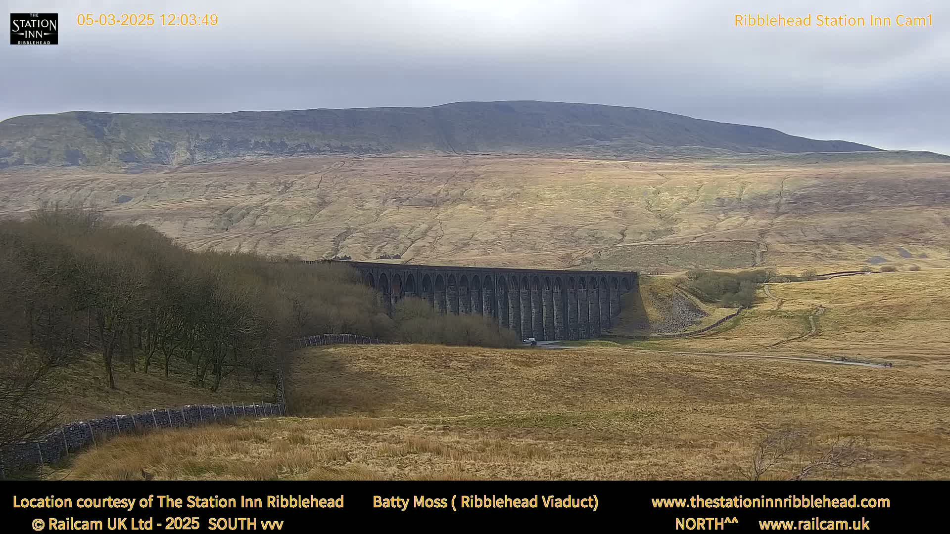 A long stone viaduct stretches across a valley under a cloudy sky, with a large hill in the background.