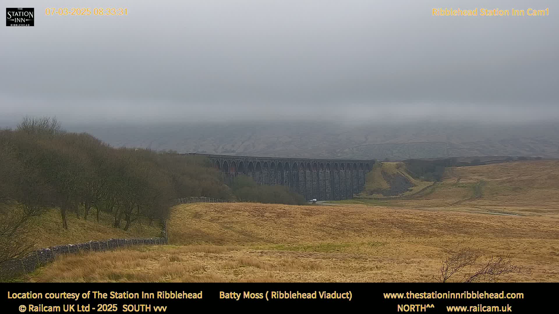 A long stone viaduct is visible in the distance across a brown, grassy field under a foggy sky.