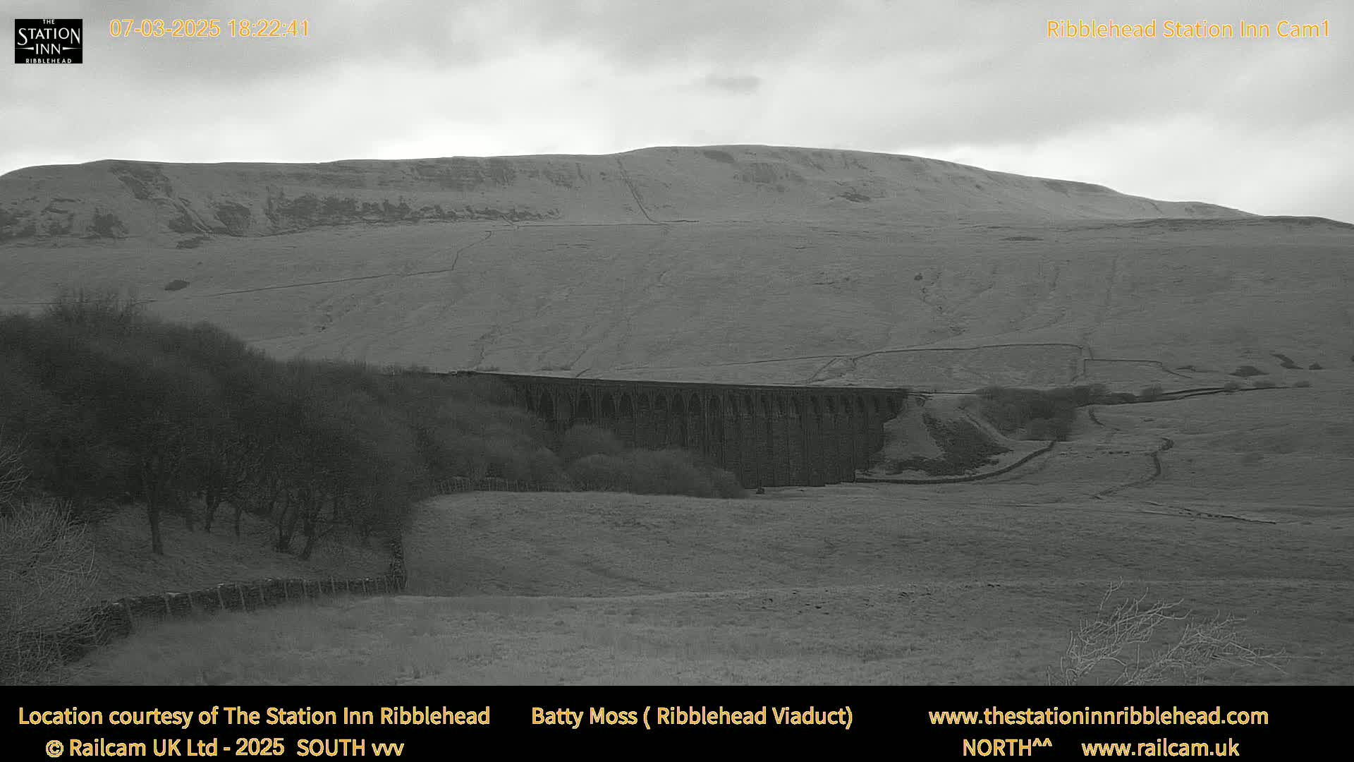 A large stone viaduct sits below a treeless hill under an overcast sky.