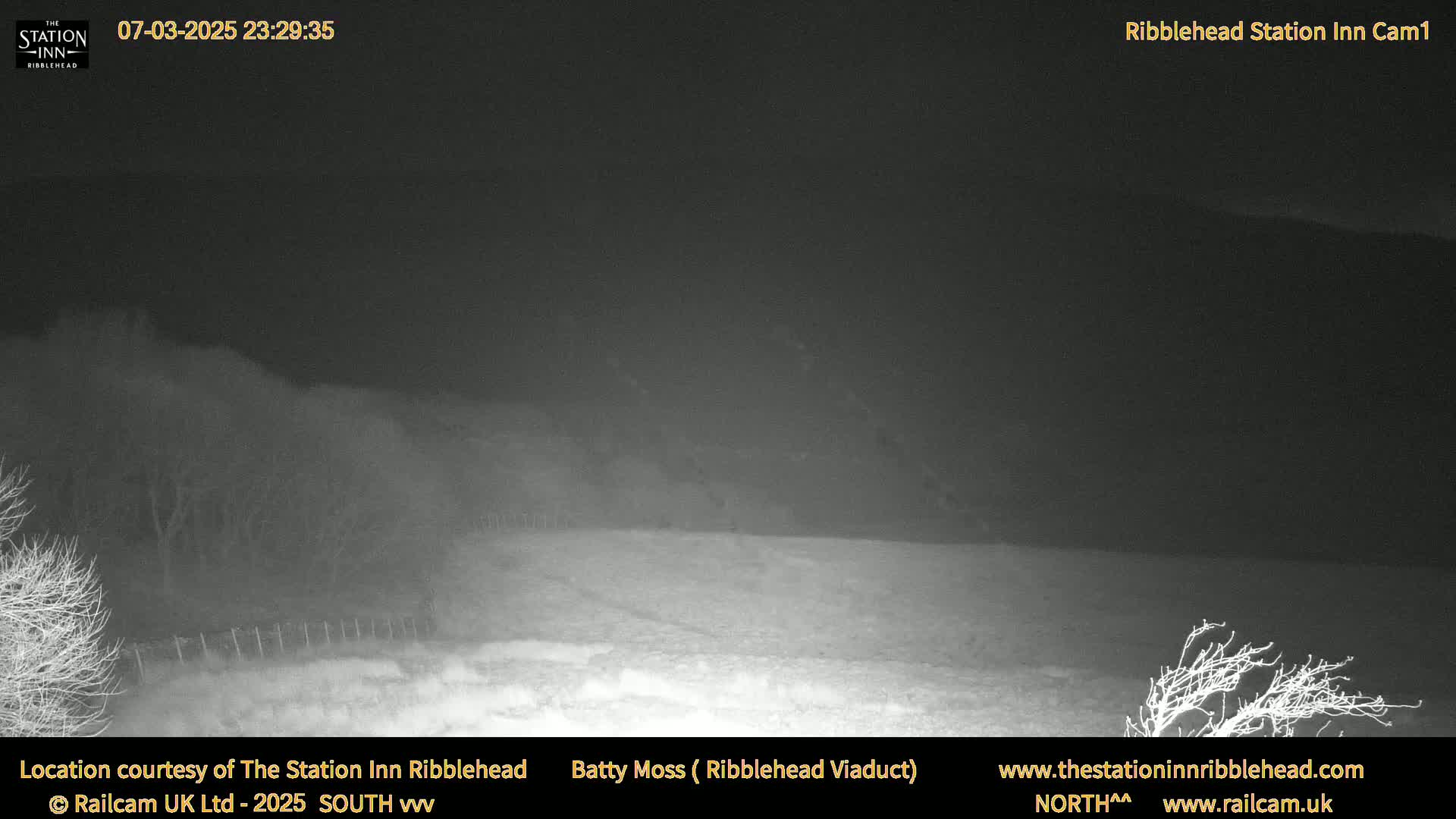 A nighttime, snow-covered landscape is visible under a dark sky.