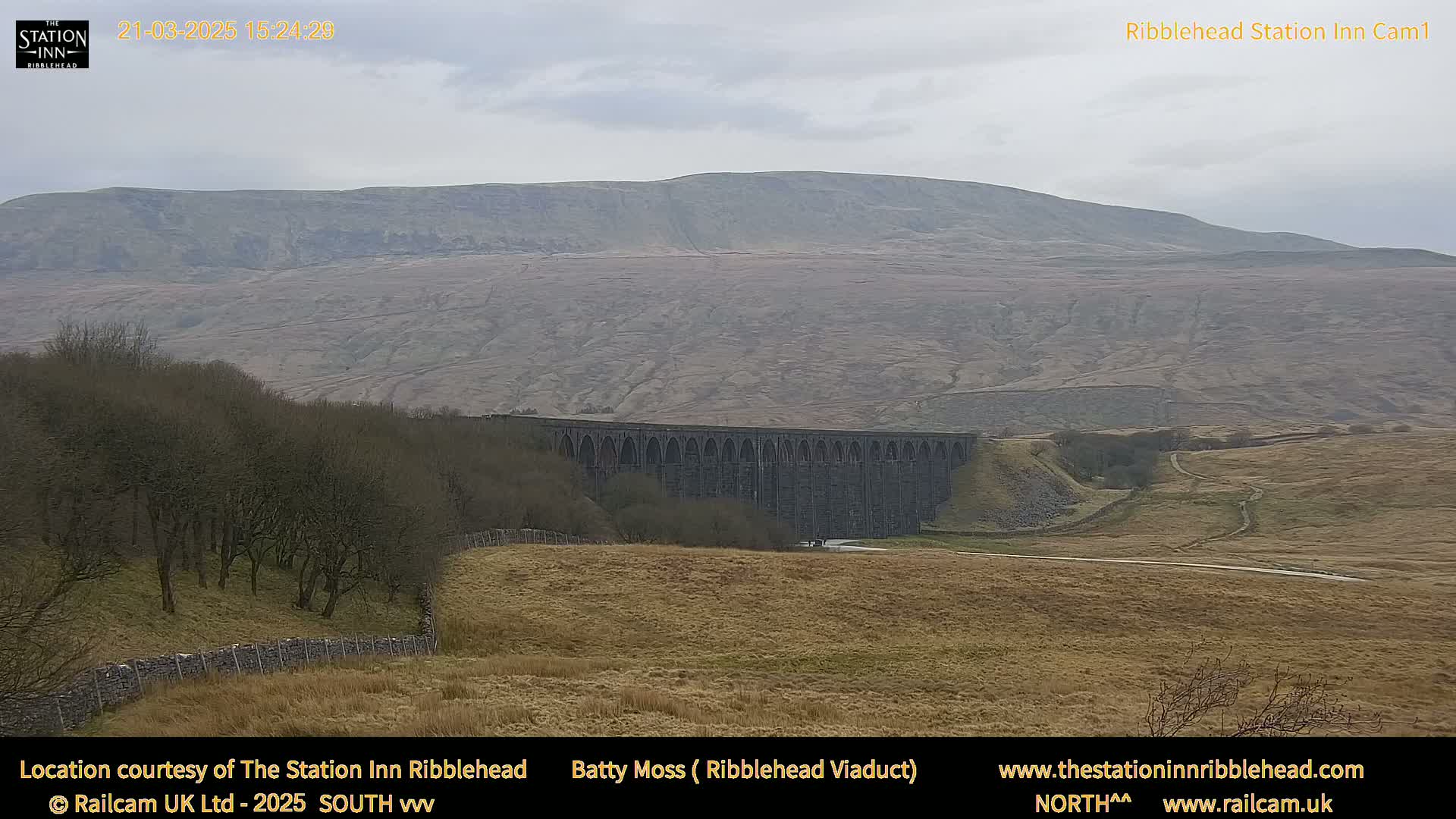 A long stone viaduct stretches across a valley, with a large hill in the background under an overcast sky.