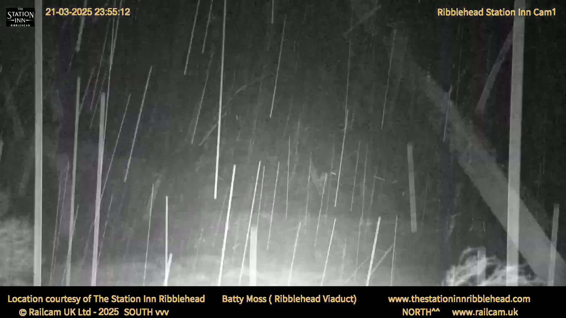 A nighttime outdoor scene shows heavy rain falling.