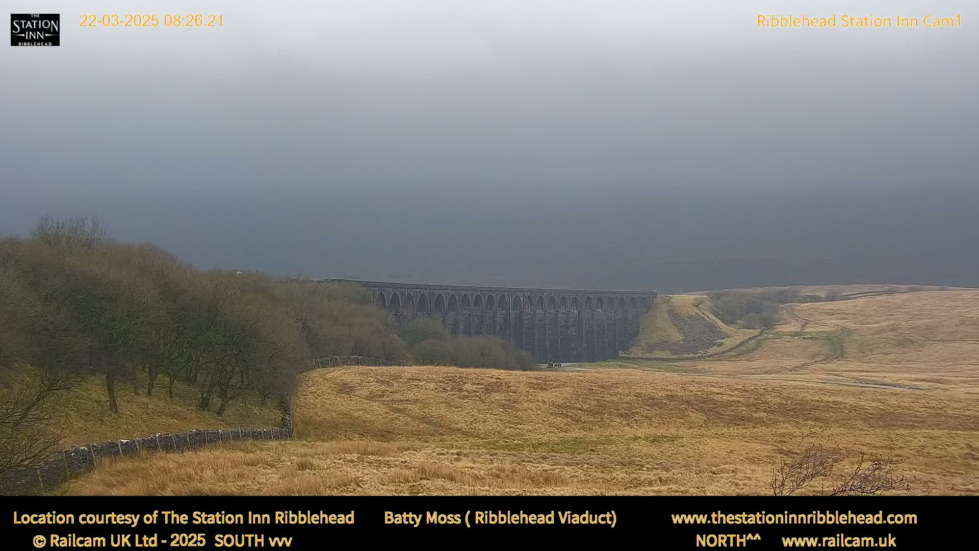 A long stone viaduct is visible in the distance across a hazy, overcast landscape of dry, brown fields and dark green trees.