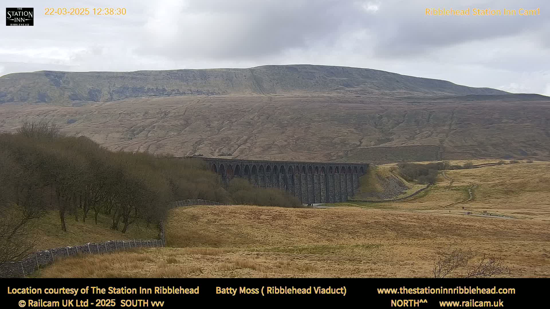 A long stone viaduct stretches across a valley under an overcast sky, with a large, barren hill rising in the background.
