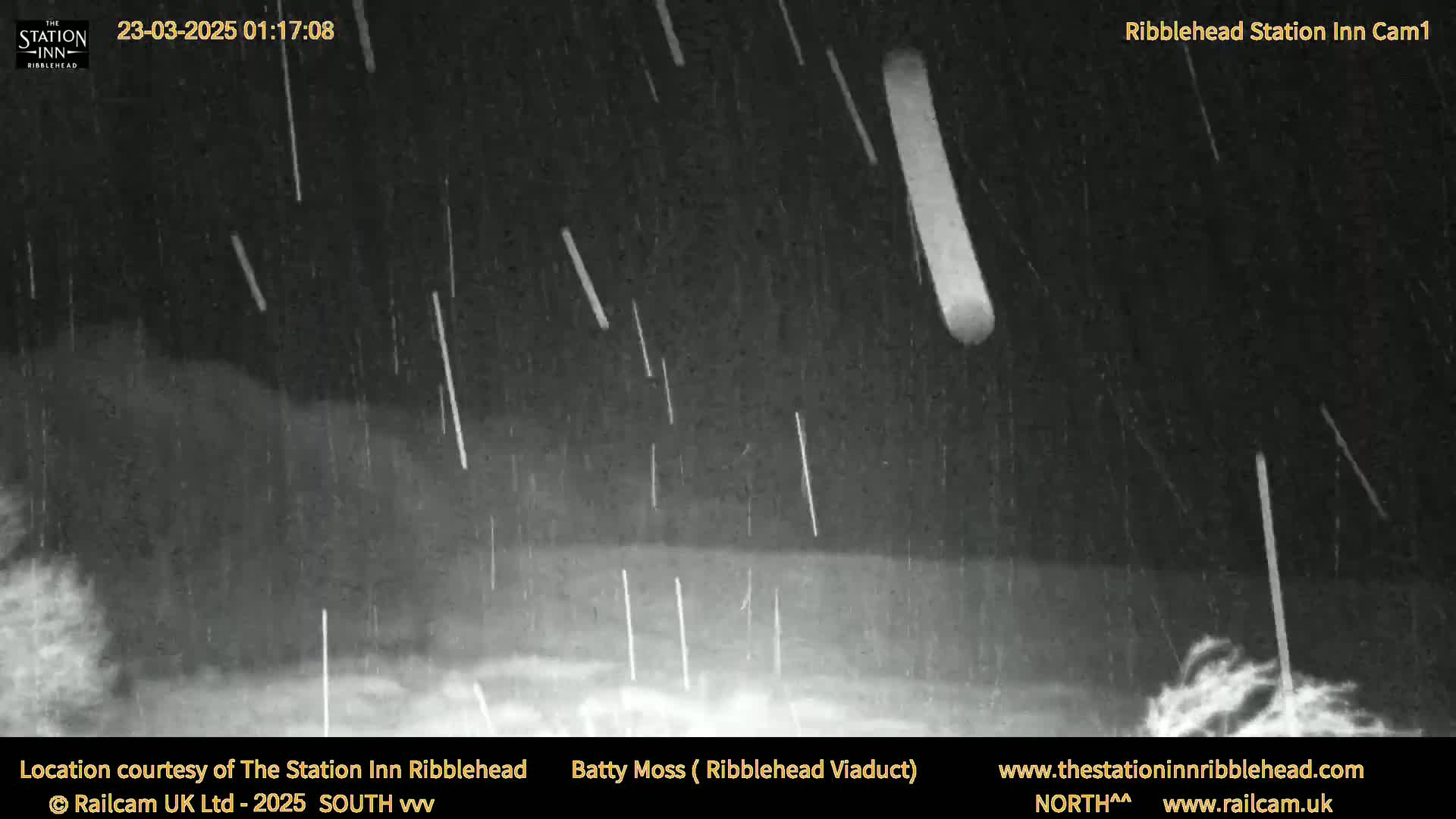 A nighttime, rain-streaked view shows a dark landscape under a heavy downpour.