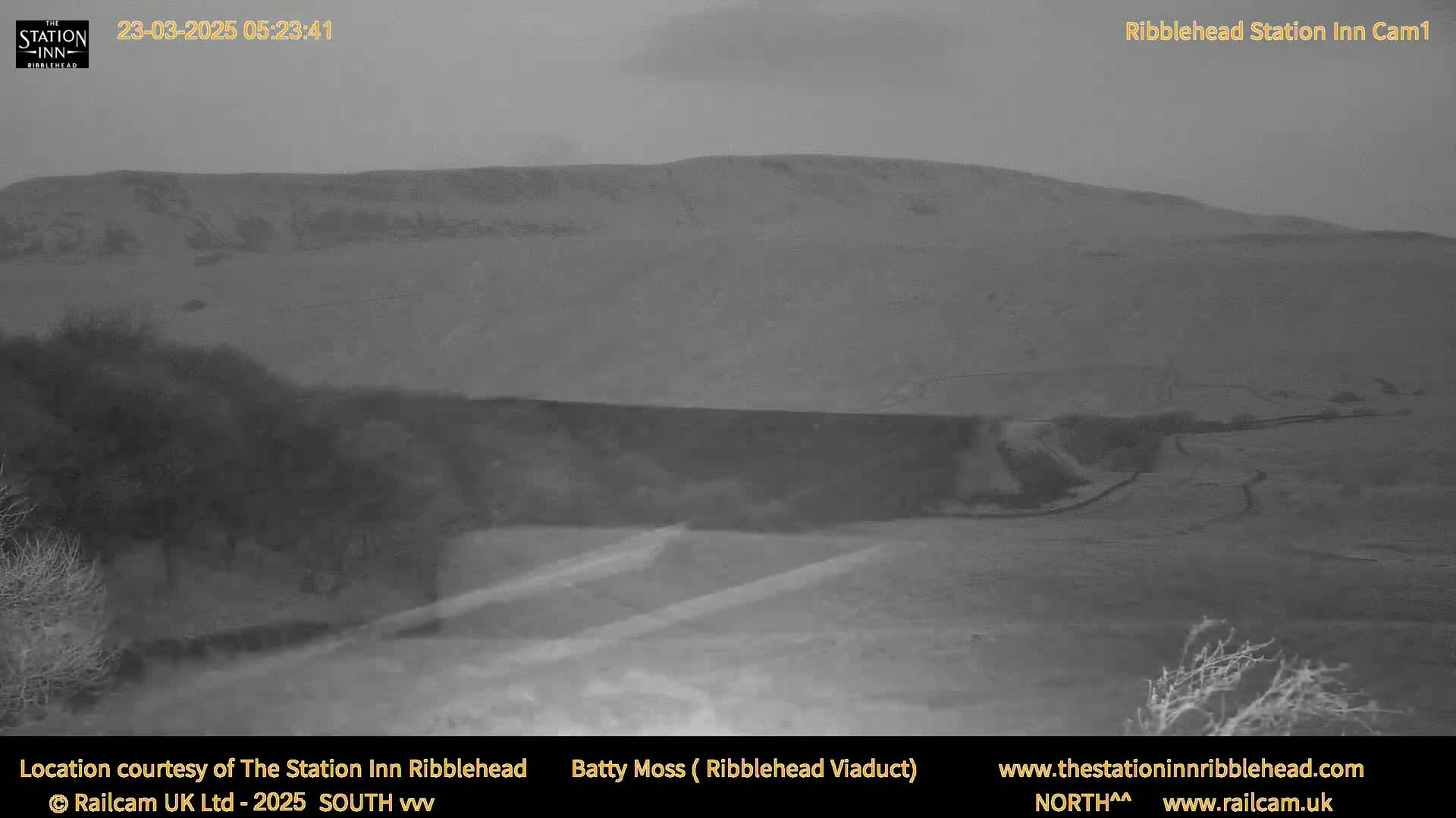 A grayscale, overcast view shows a large hill in the distance and a flat expanse of land leading to it, with some sparse vegetation visible in the foreground.