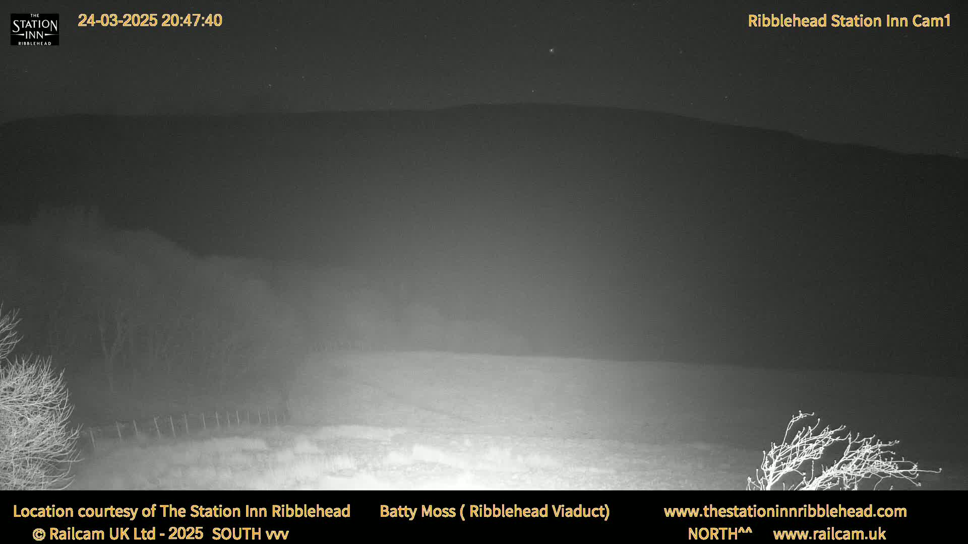 A nighttime, low-light view of a flat, dark landscape under a clear sky.