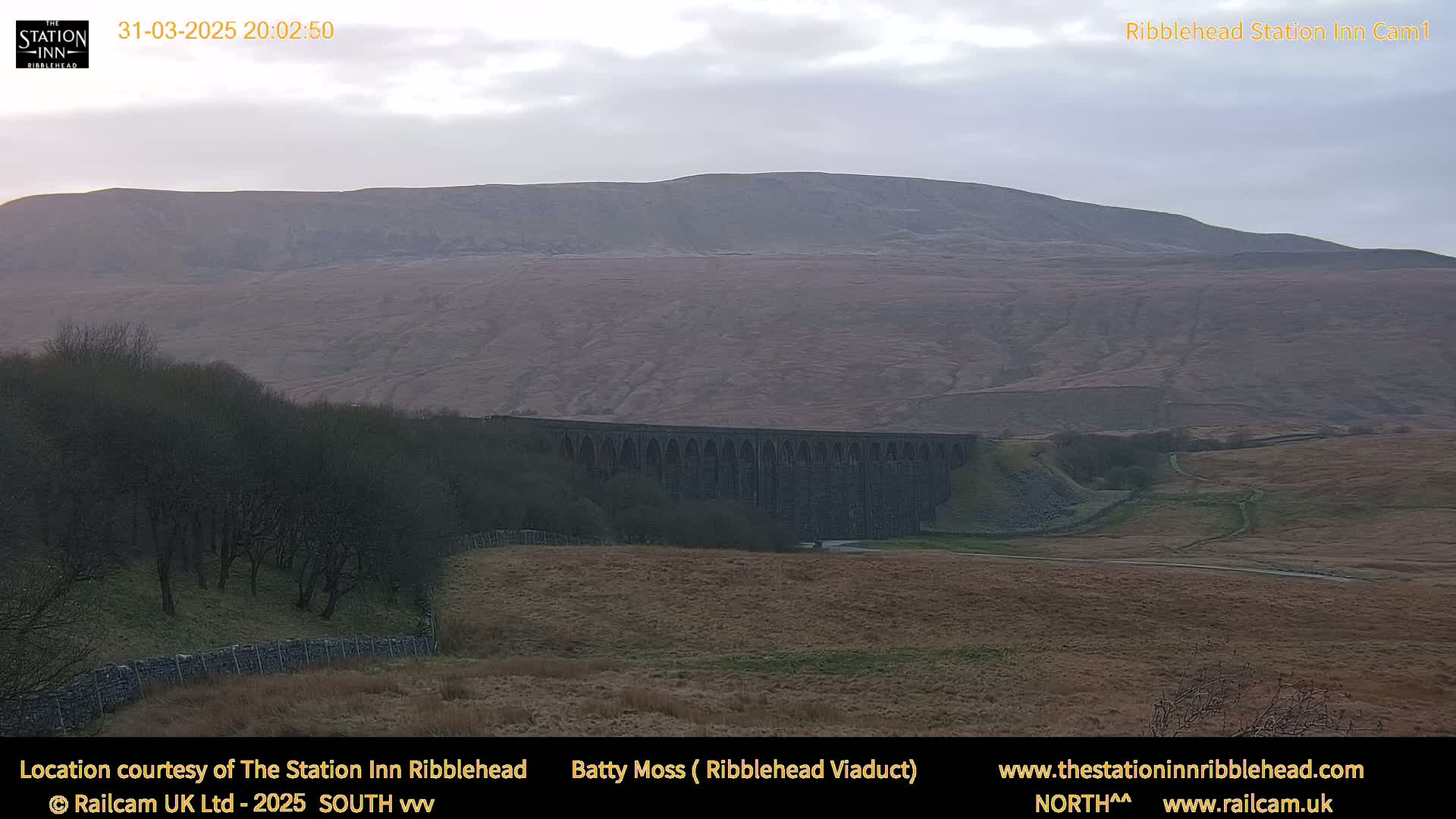 A long stone viaduct stretches across a valley beneath a hill under an overcast sky.