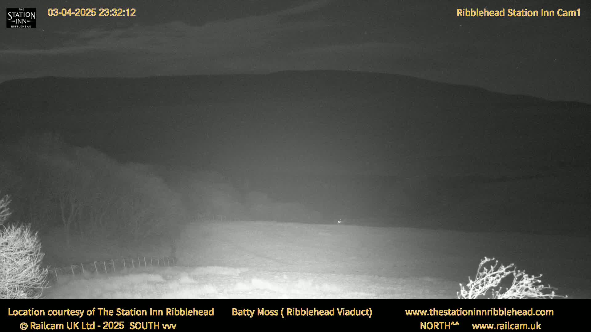 A nighttime, low-light outdoor image shows a flat, snow-covered field stretching towards dark hills under a mostly clear sky.