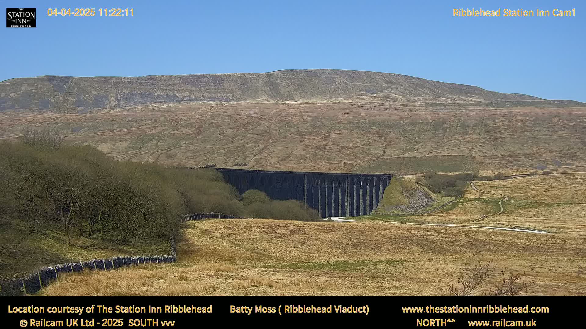 A long stone viaduct sits in a valley under a clear blue sky, with a large, rolling hill in the background.